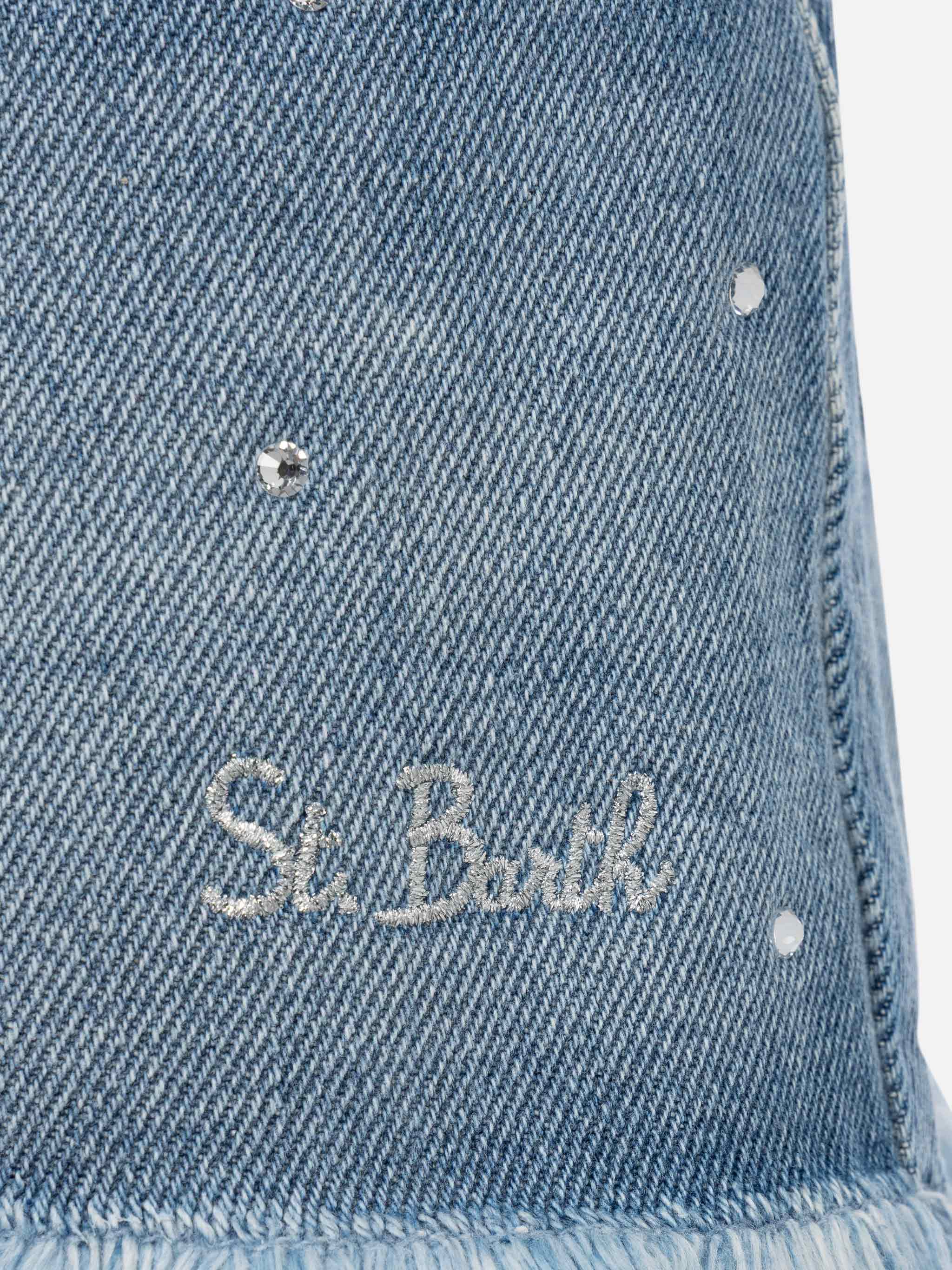 Shorts in denim bianco Kiko Jr con strass applicati - Image 3