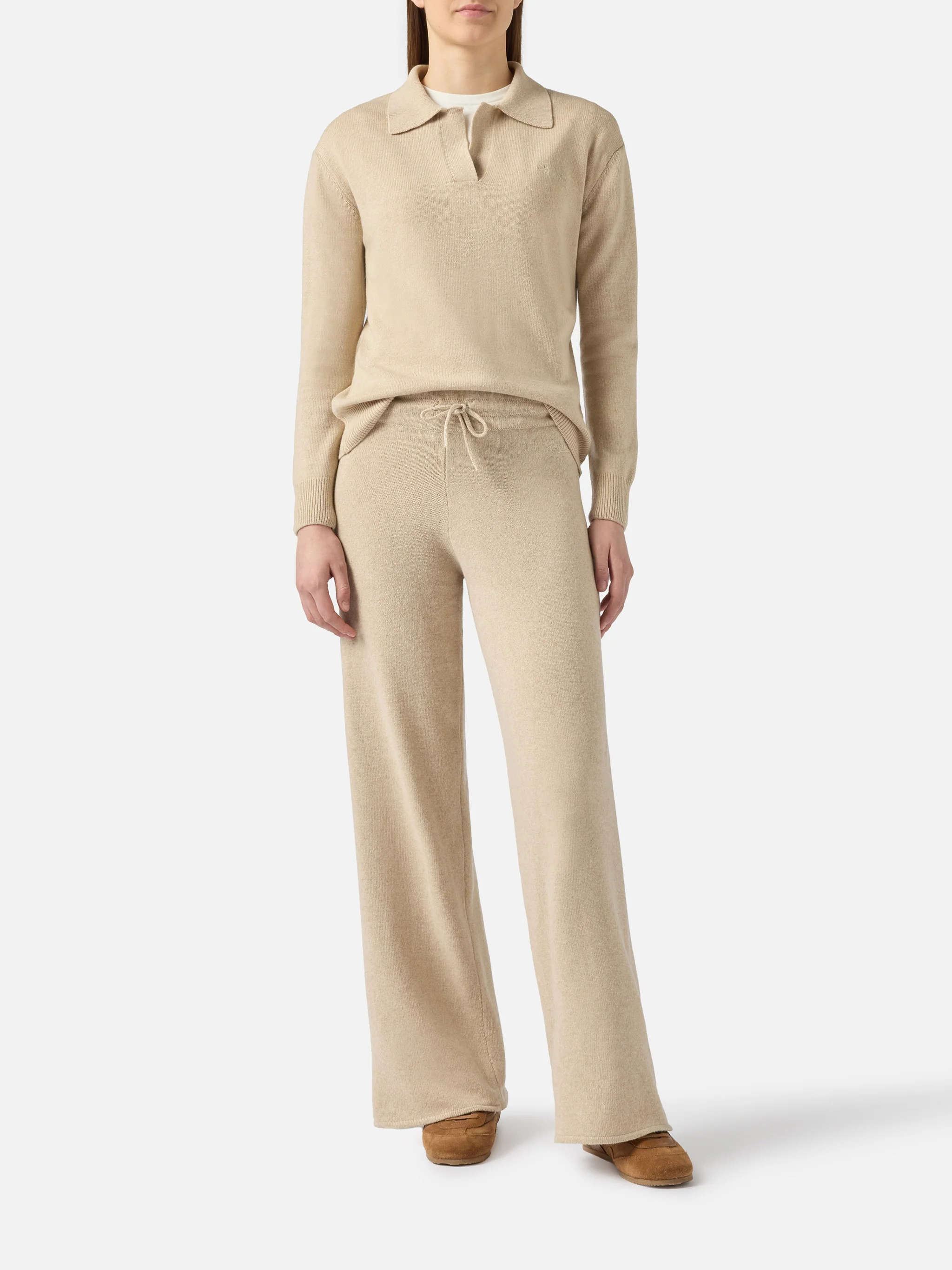 Pantalone a palazzo beige in maglia - Image 2