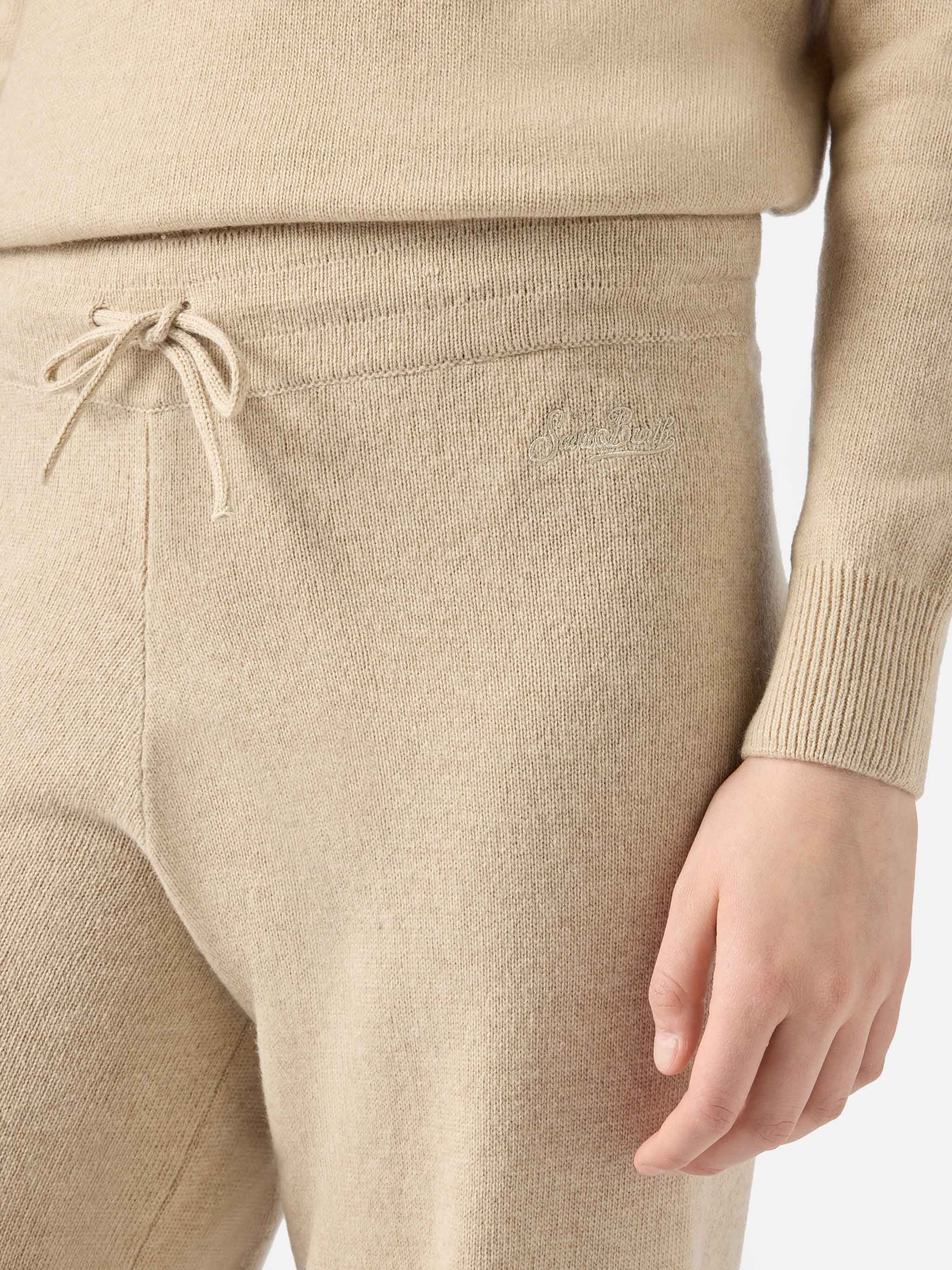 Pantalone a palazzo beige in maglia - Image 3