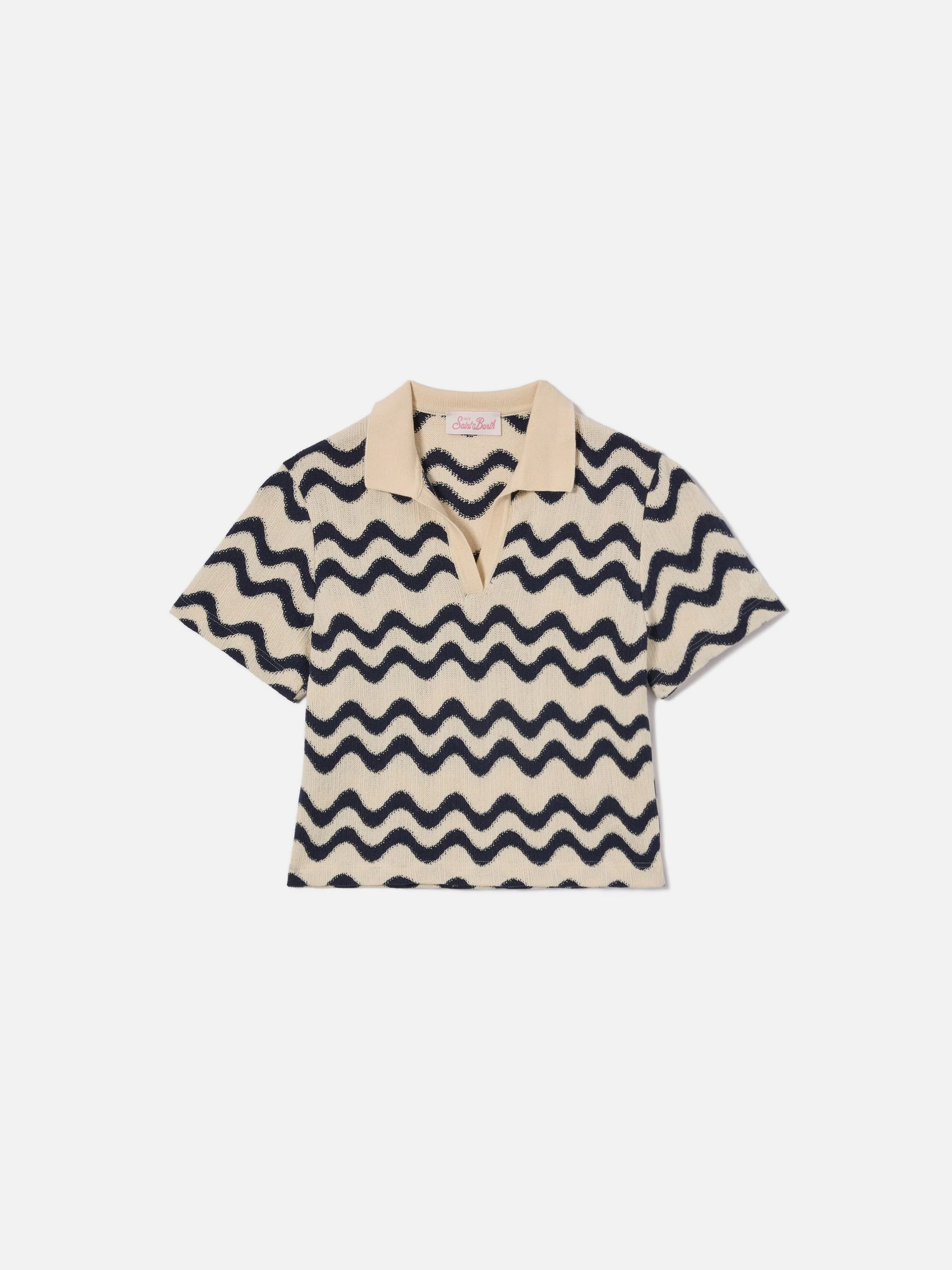 Polo Lala Jr in maglia misto cotone fantasia onde blu e avorio