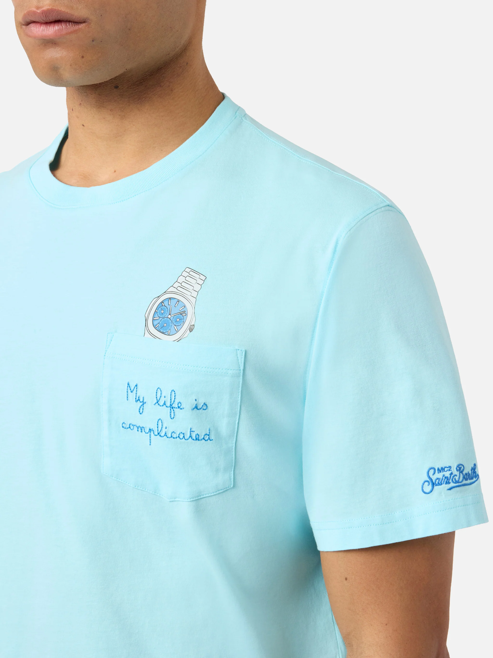 T-shirt Austin azzurra con orologio e ricamo My Life Is Complicated - Image 2
