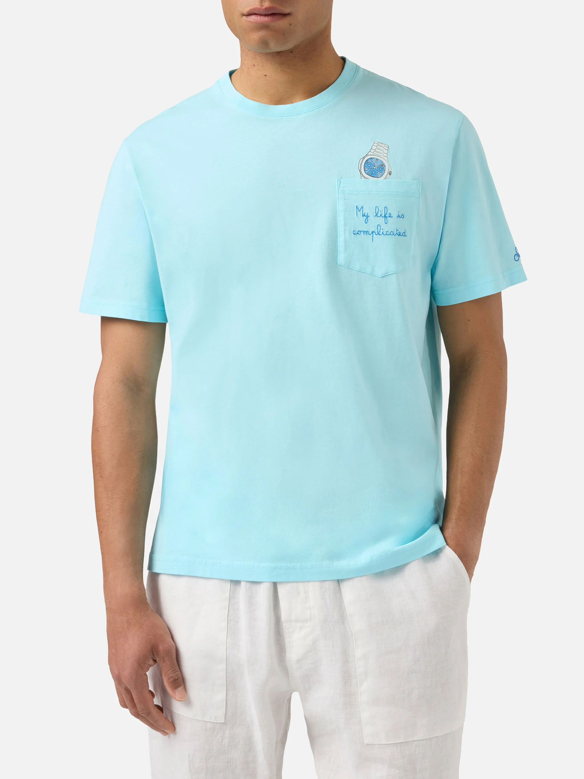 T-shirt Austin azzurra con orologio e ricamo My Life Is Complicated - Image 3