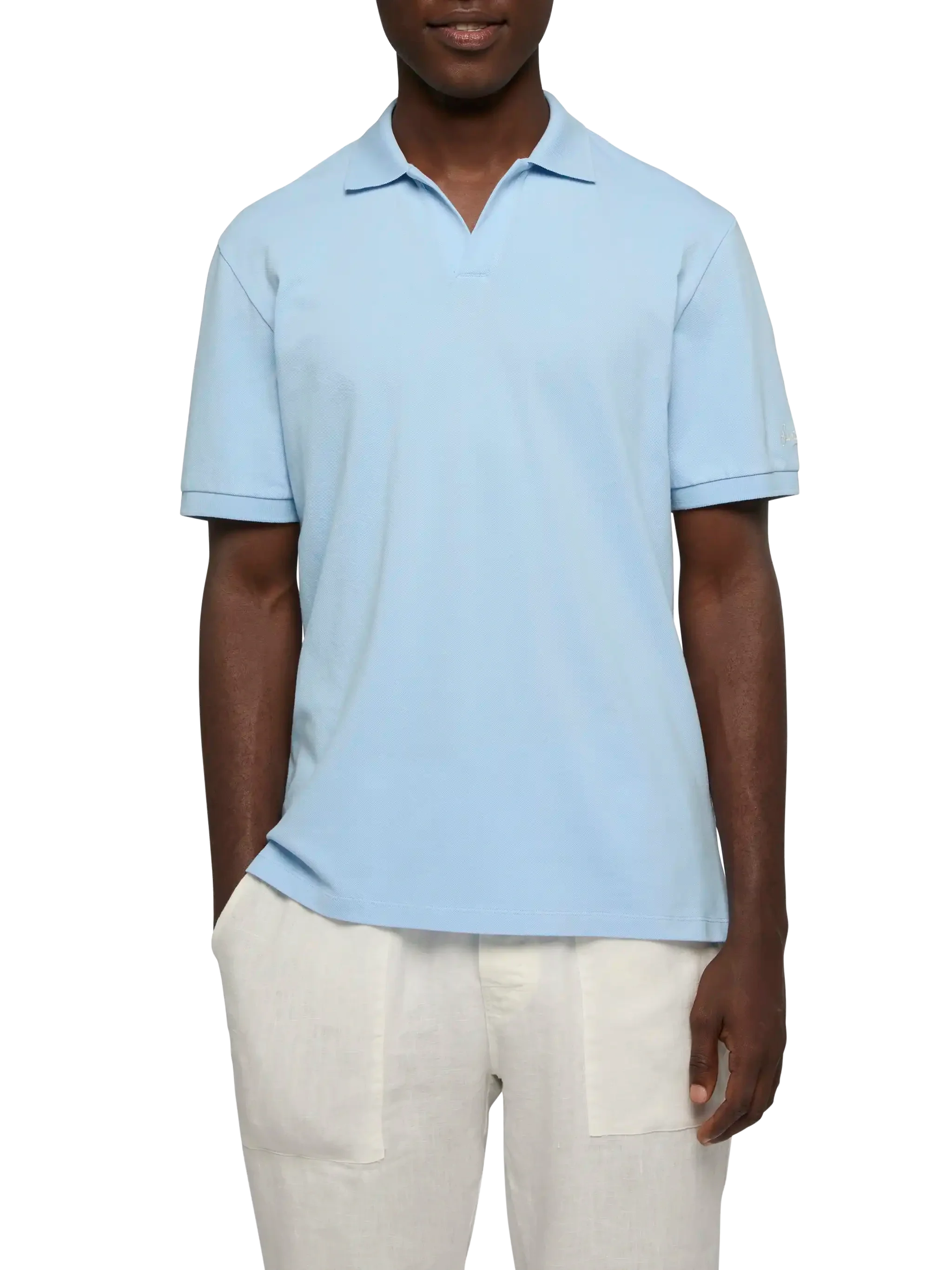 Polo Charles in piquet di cotone azzurro senza bottoni