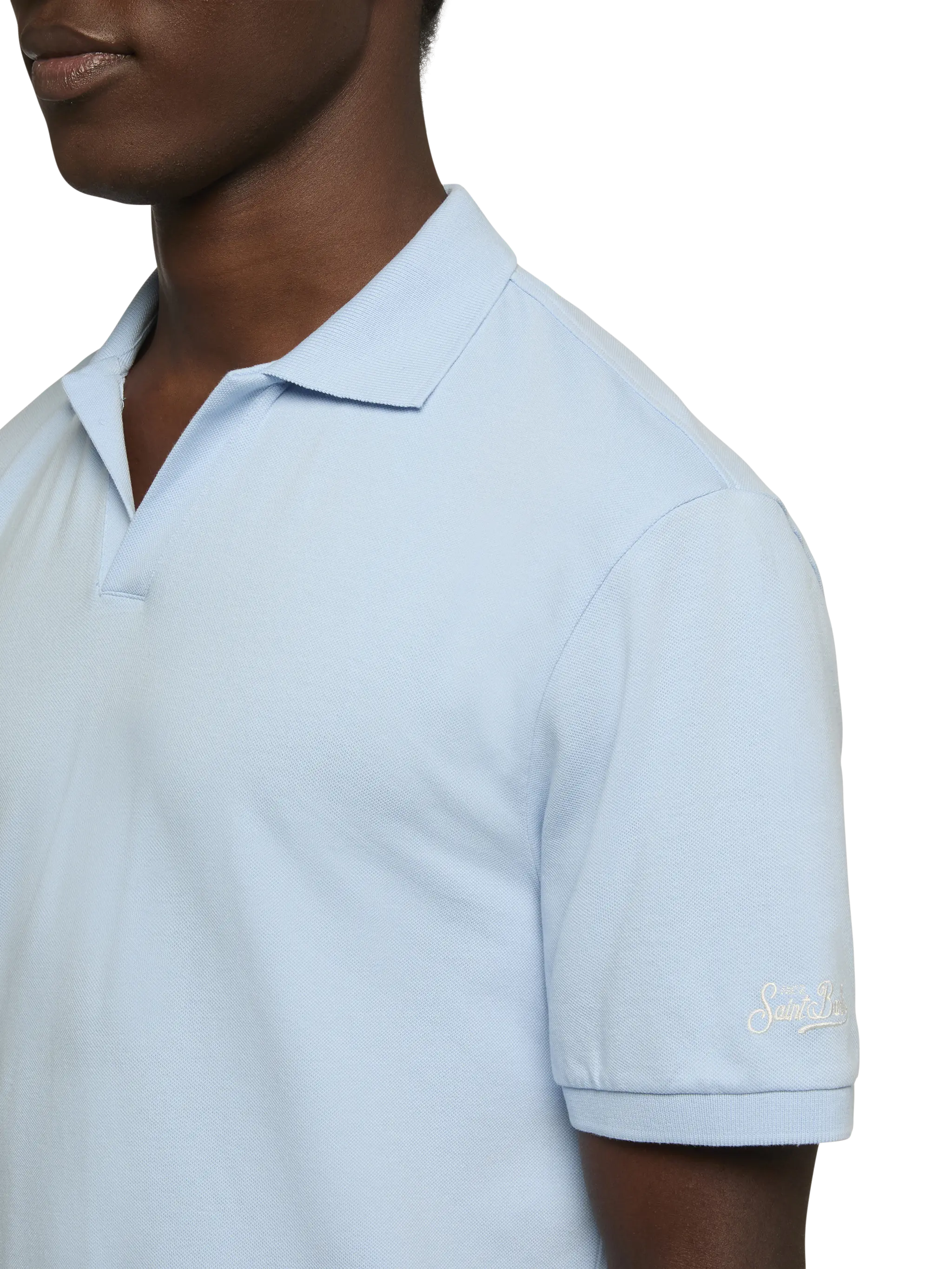 Polo Charles in piquet di cotone azzurro senza bottoni - Image 2