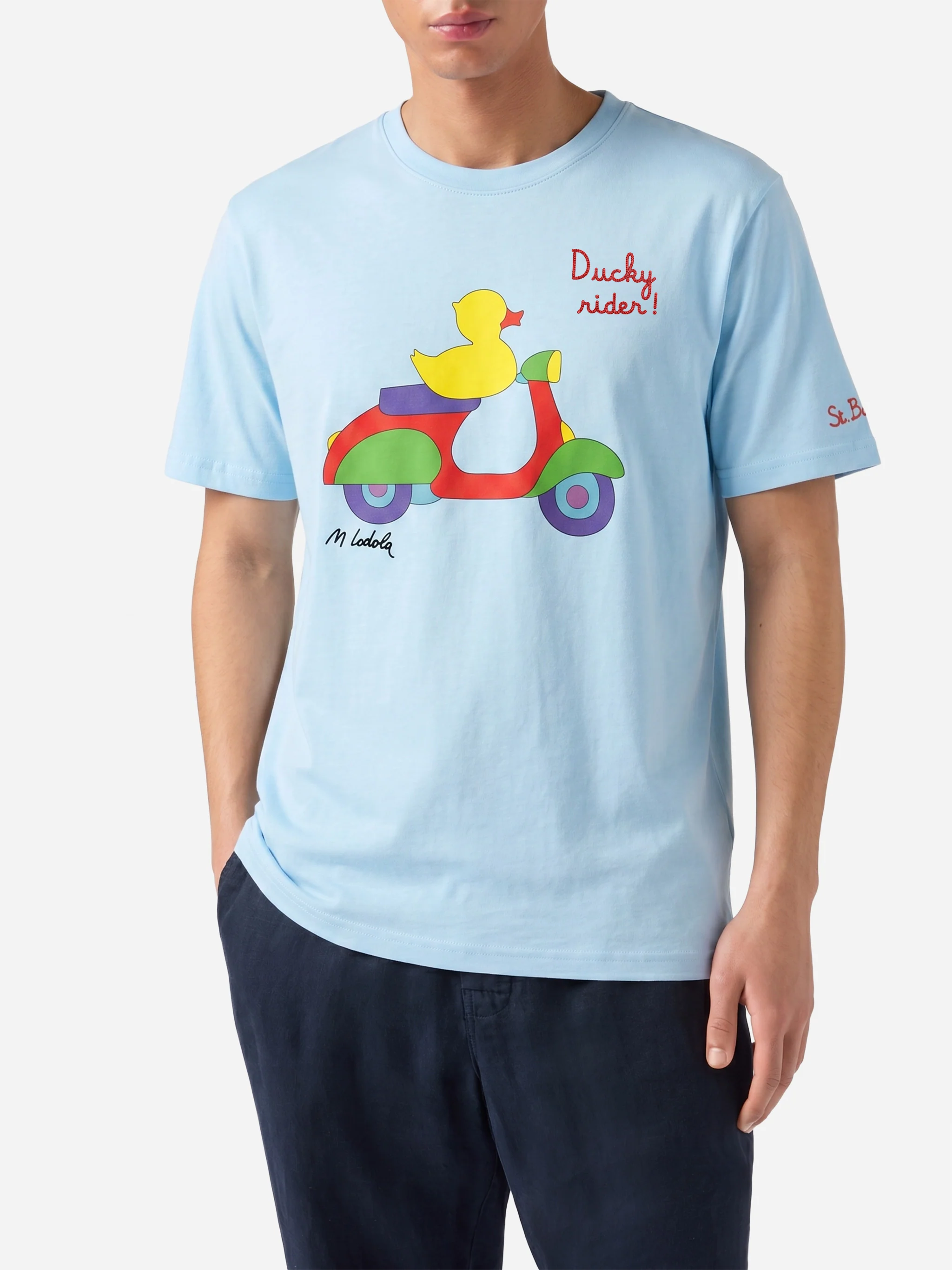 T-shirt Man azzurro con stampa paperella scooter | Special Edition - Image 2