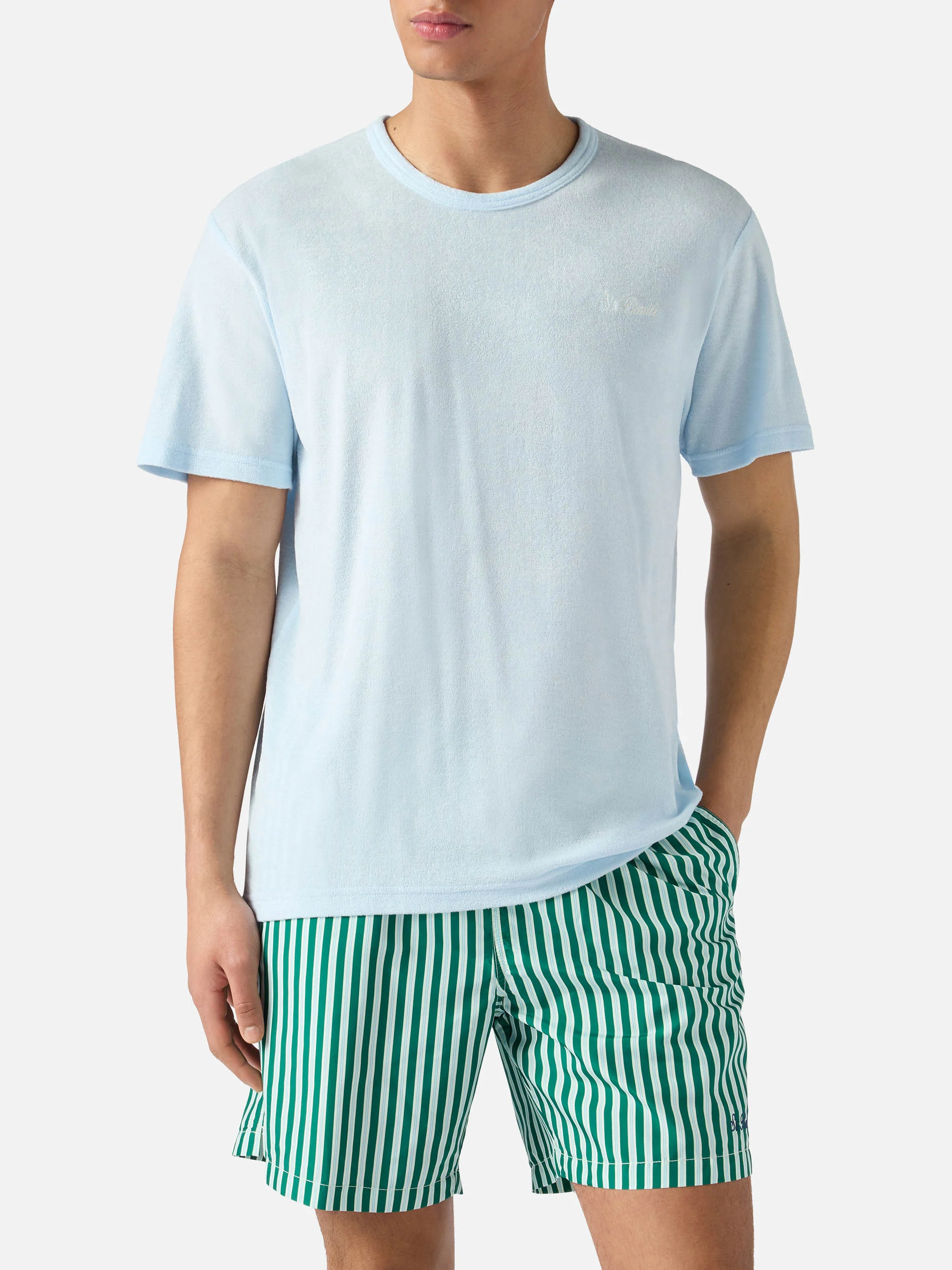 T-shirt Gary in cotone effetto spugna azzurra con ricamo logo - Image 2