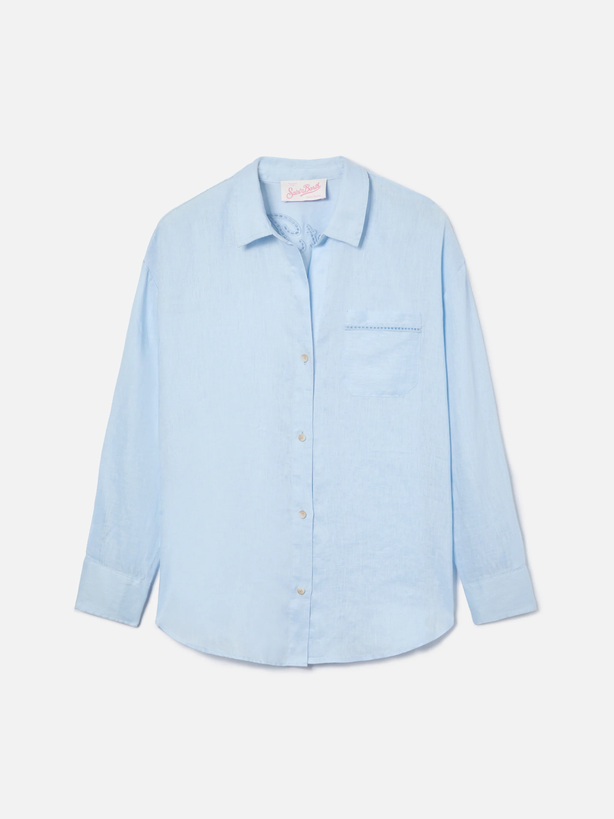 Camicia Cristal in lino azzurro con ricamo Saint Barth traforato - Image 5