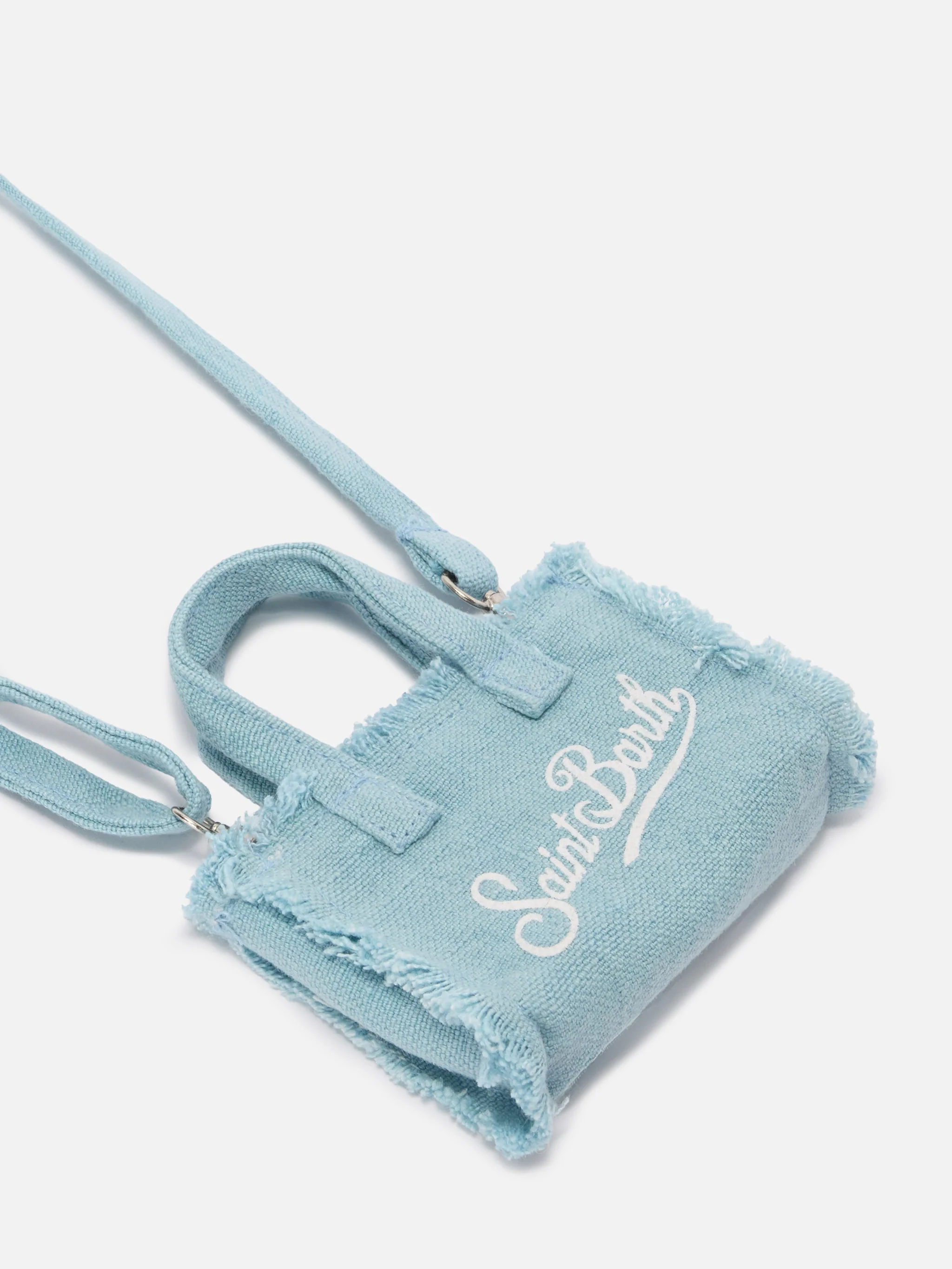 Keychain a forma di mini borsa in lino azzurro con logo stampato - Image 3
