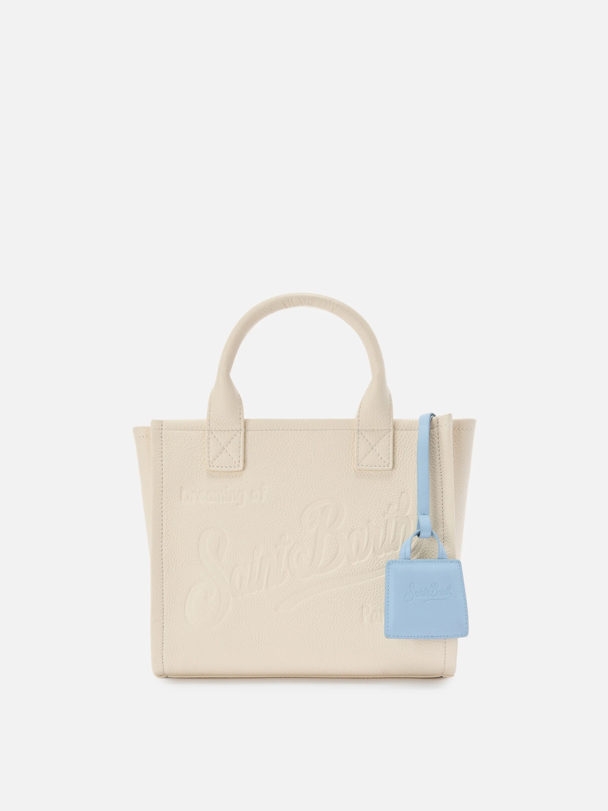 Bag charm in pelle liscia azzurro con logo impresso - Image 2