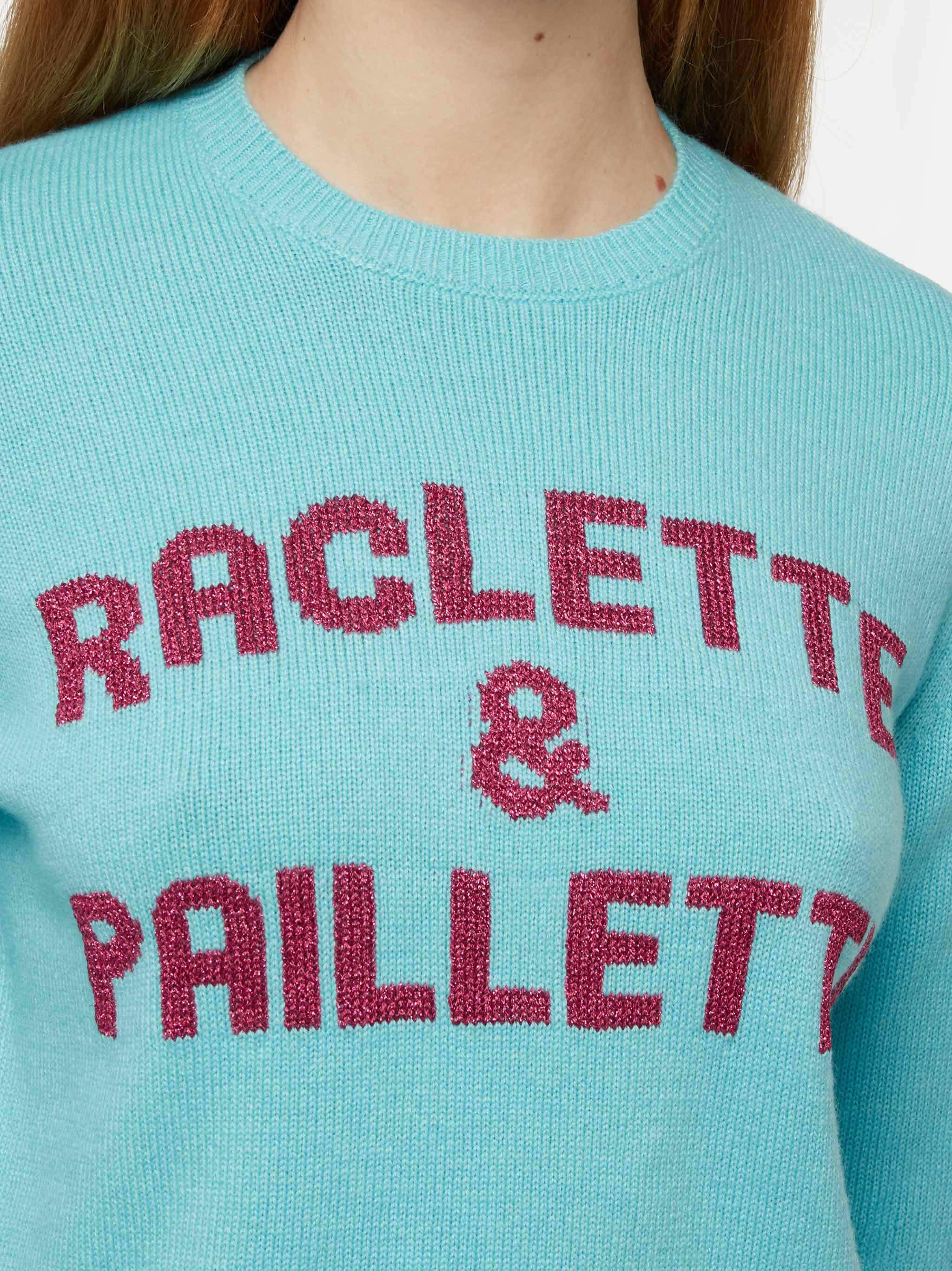 Maglione verde acqua New Queen con scritta Raclette& Paillettes in paillettes - Image 2