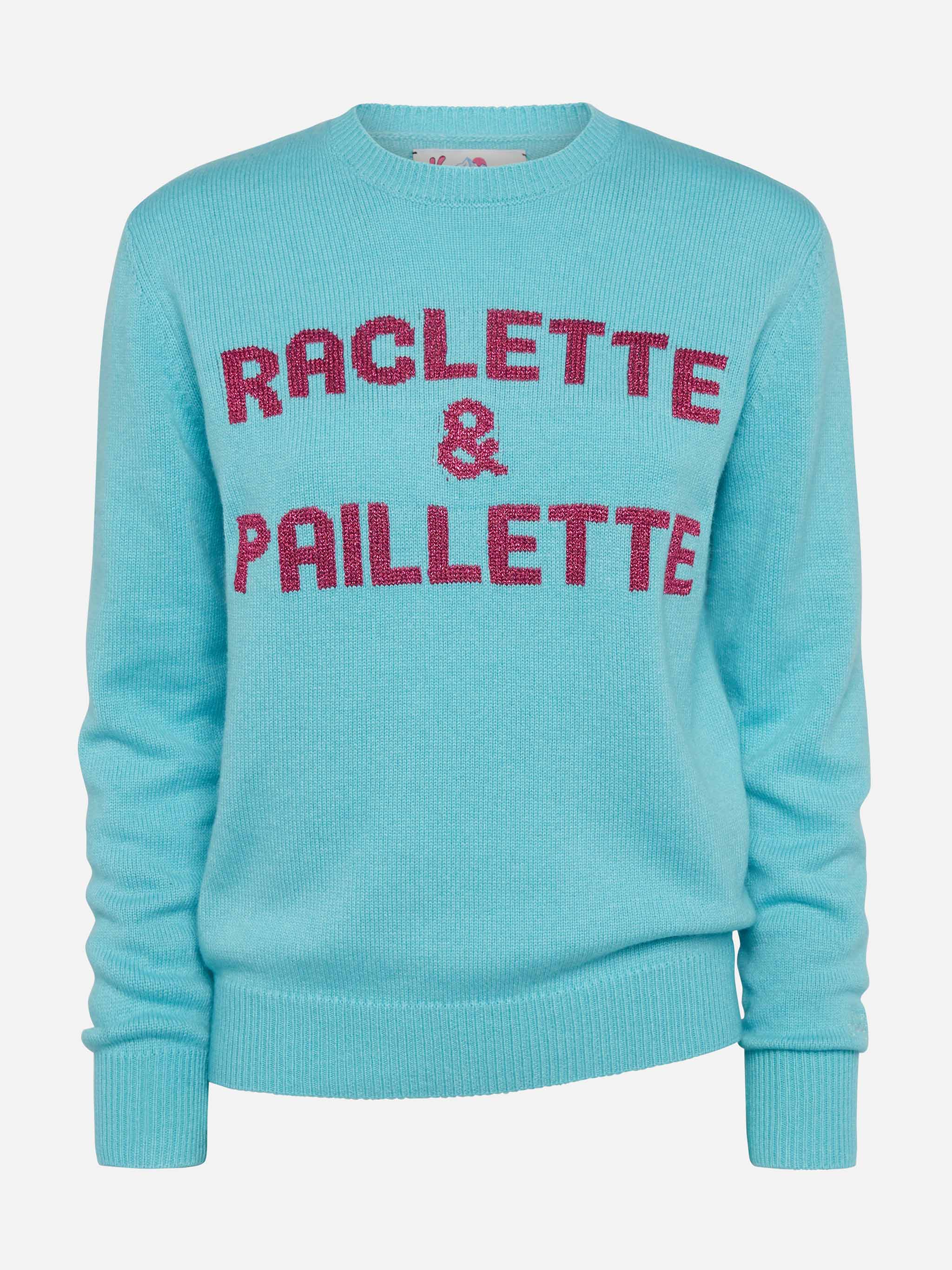 Maglione verde acqua New Queen con scritta Raclette& Paillettes in paillettes - Image 4