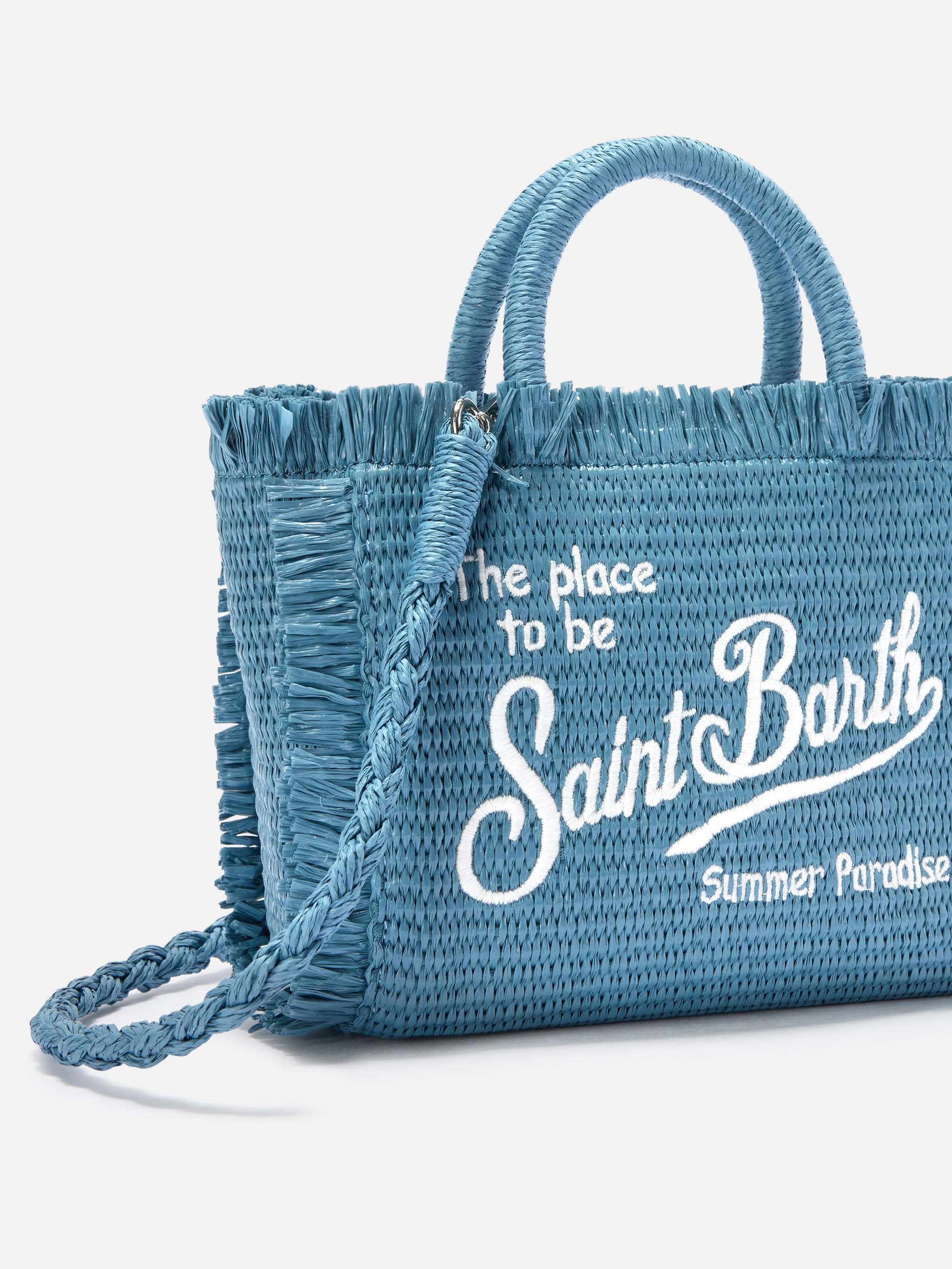 Borsa Vanity mini in tessuto effetto paglia azzurra con logo ricamato - Image 3