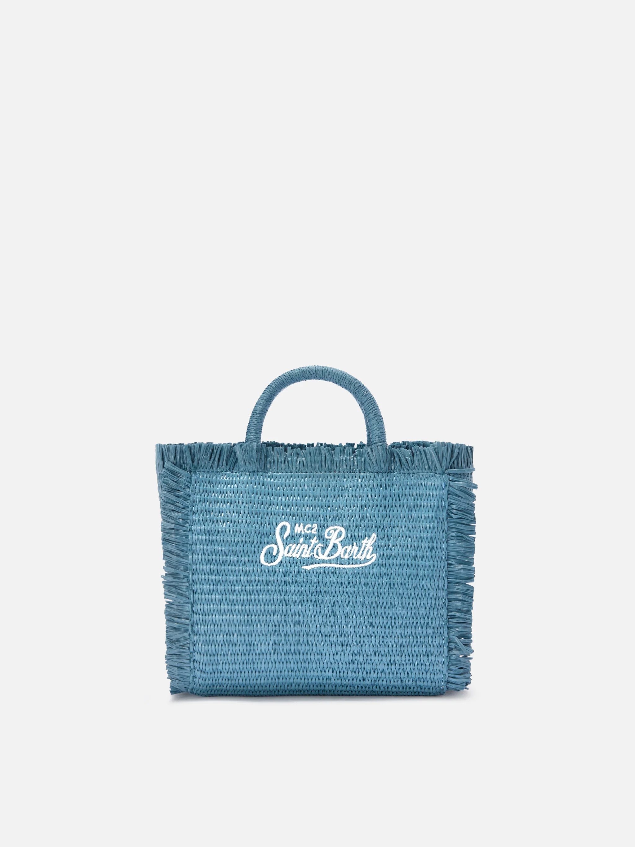 Borsa Vanity mini in tessuto effetto paglia azzurra con logo ricamato - Image 4
