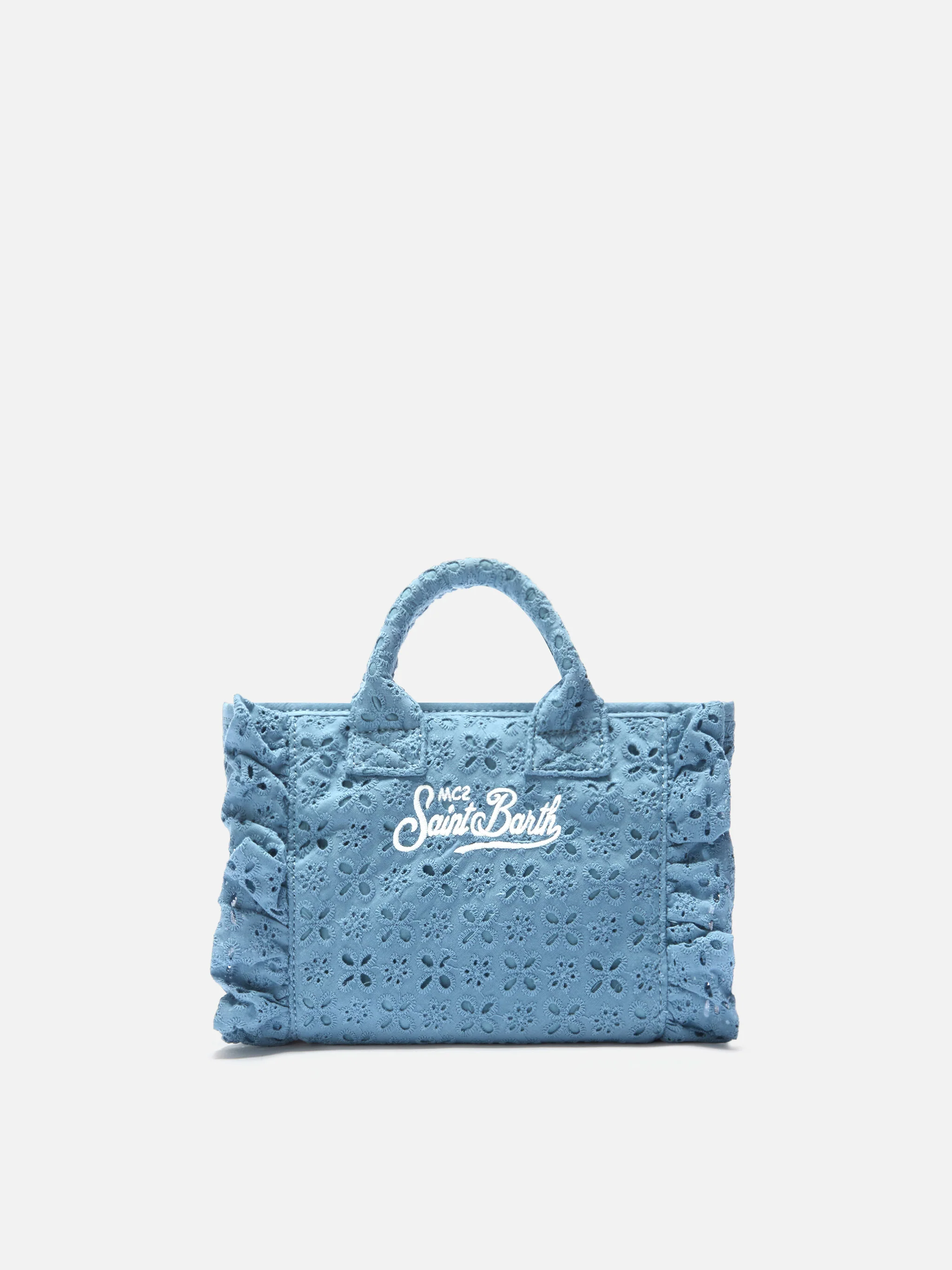 Borsa Vanity mini volant in cotone sangallo azzurra - Image 4