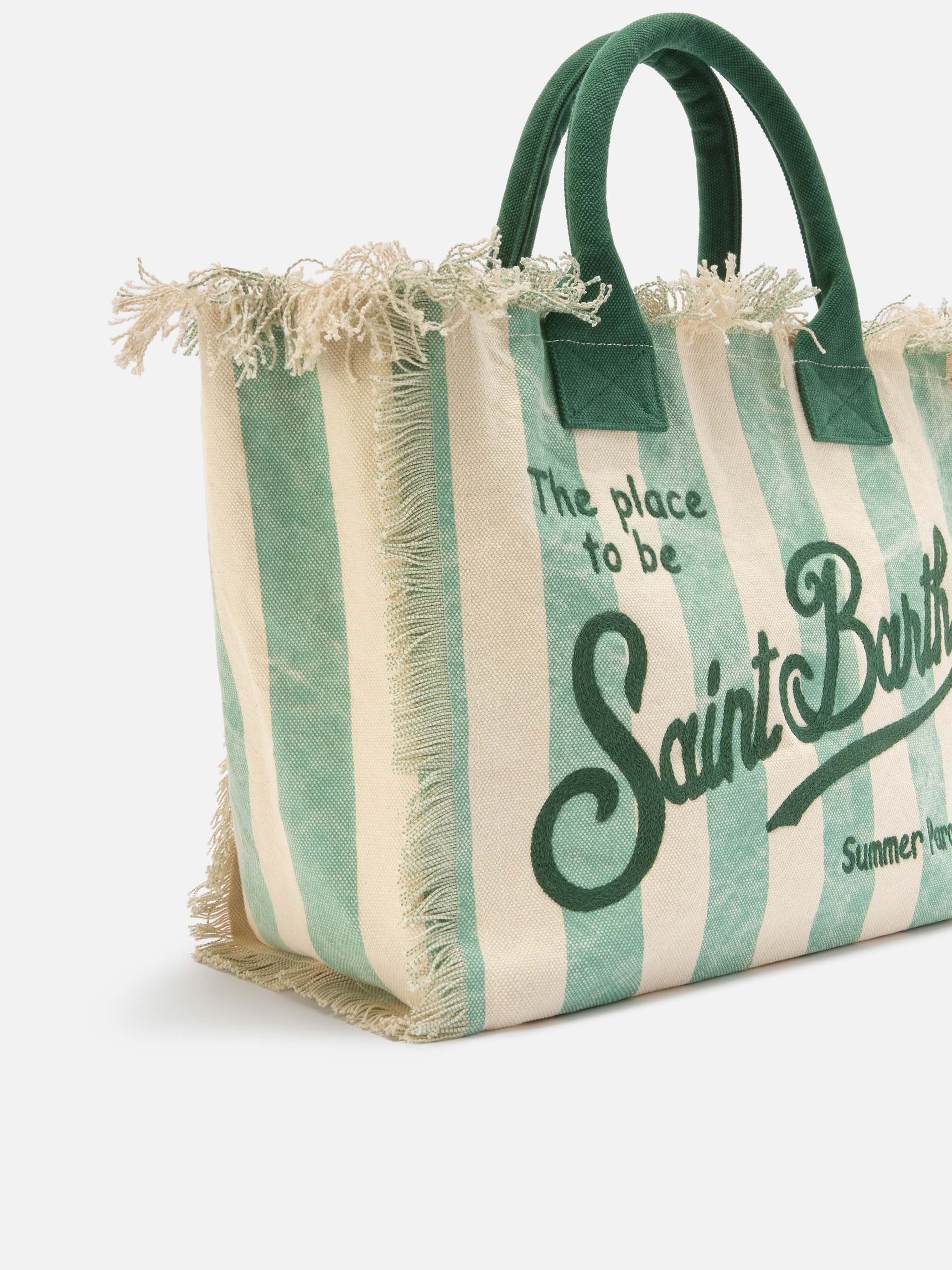 Borsa Vanity regular in canvas a righe verticali verde chiaro - Image 3