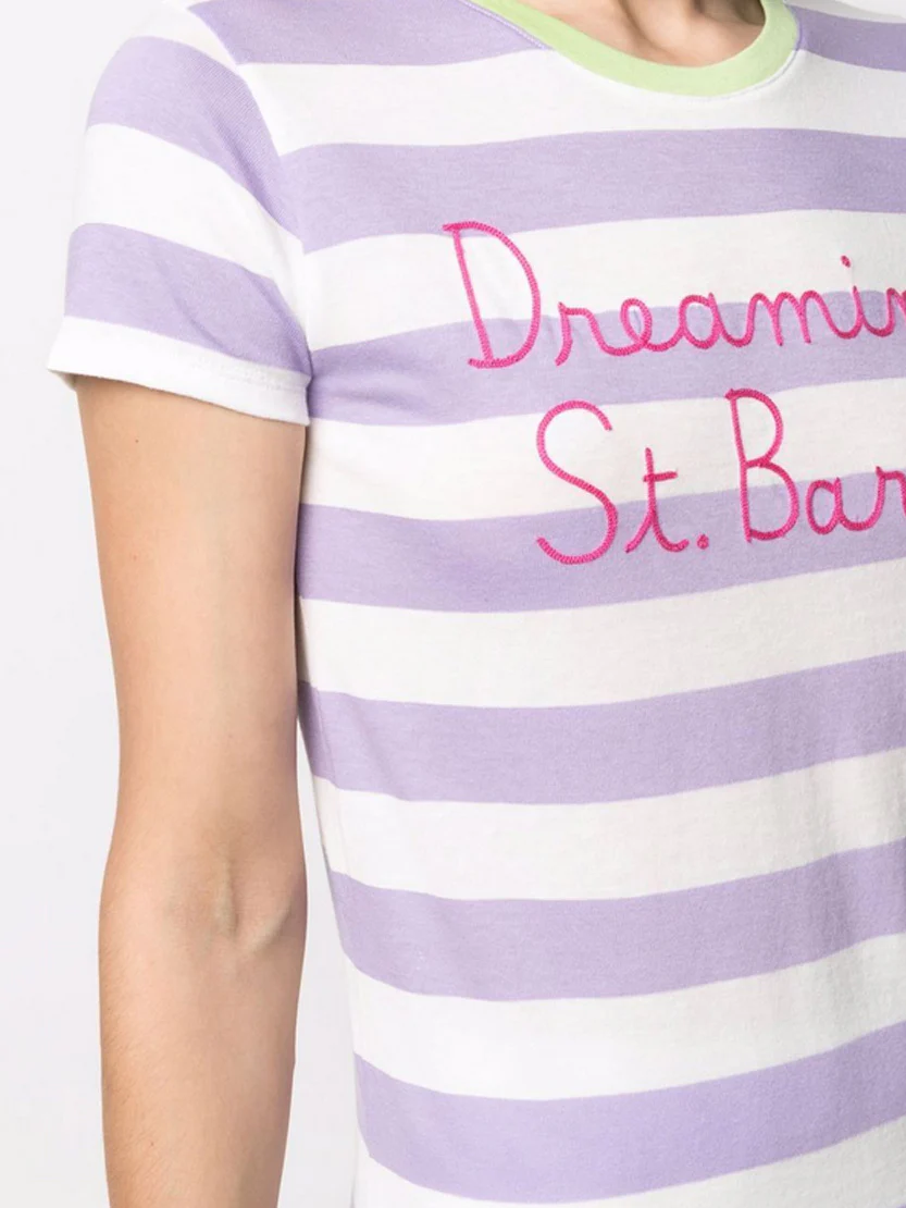 T-shirt Dana in cotone a righe lilla e bianche con ricamo St. Barth is my dream - Image 3