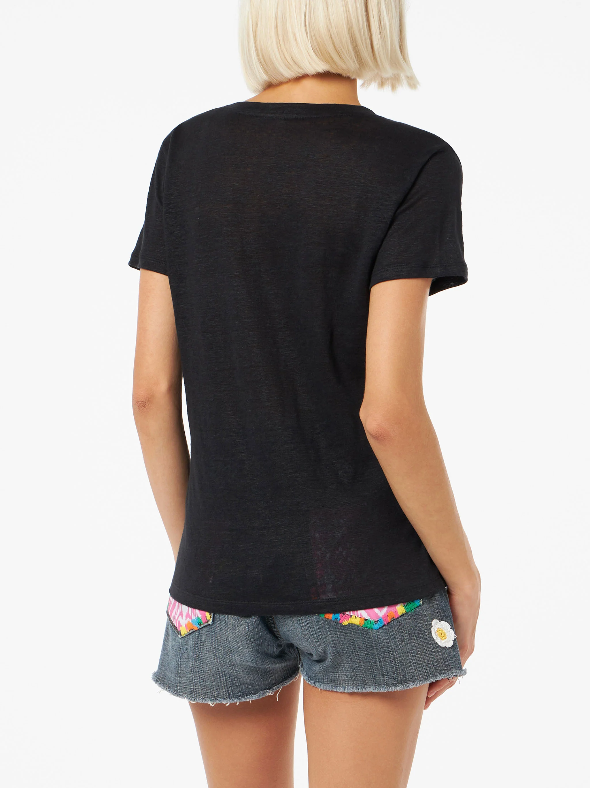 T-shirt nera scollo a V Eloise in jersey di lino - Image 3