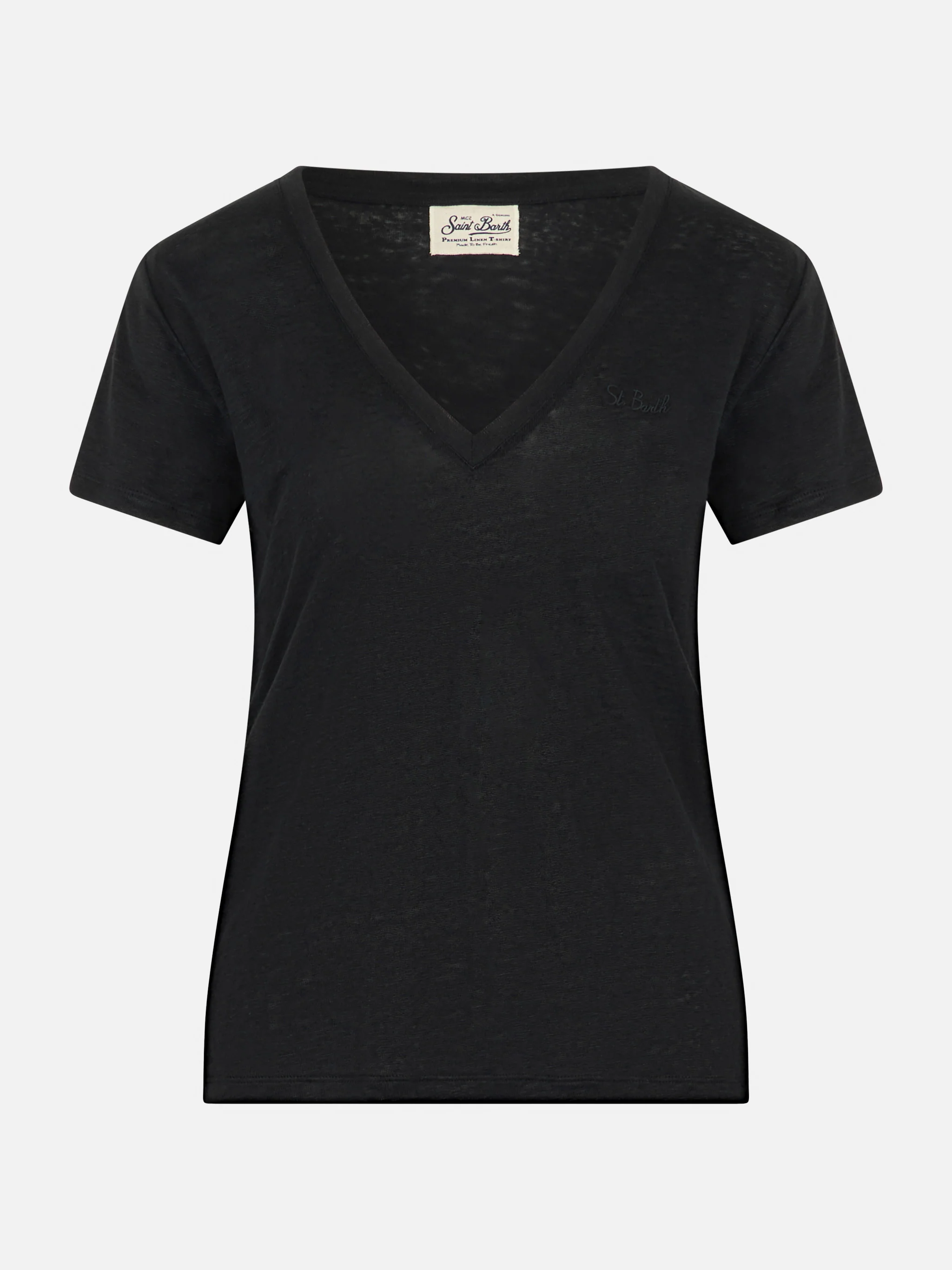 T-shirt nera scollo a V Eloise in jersey di lino - Image 4