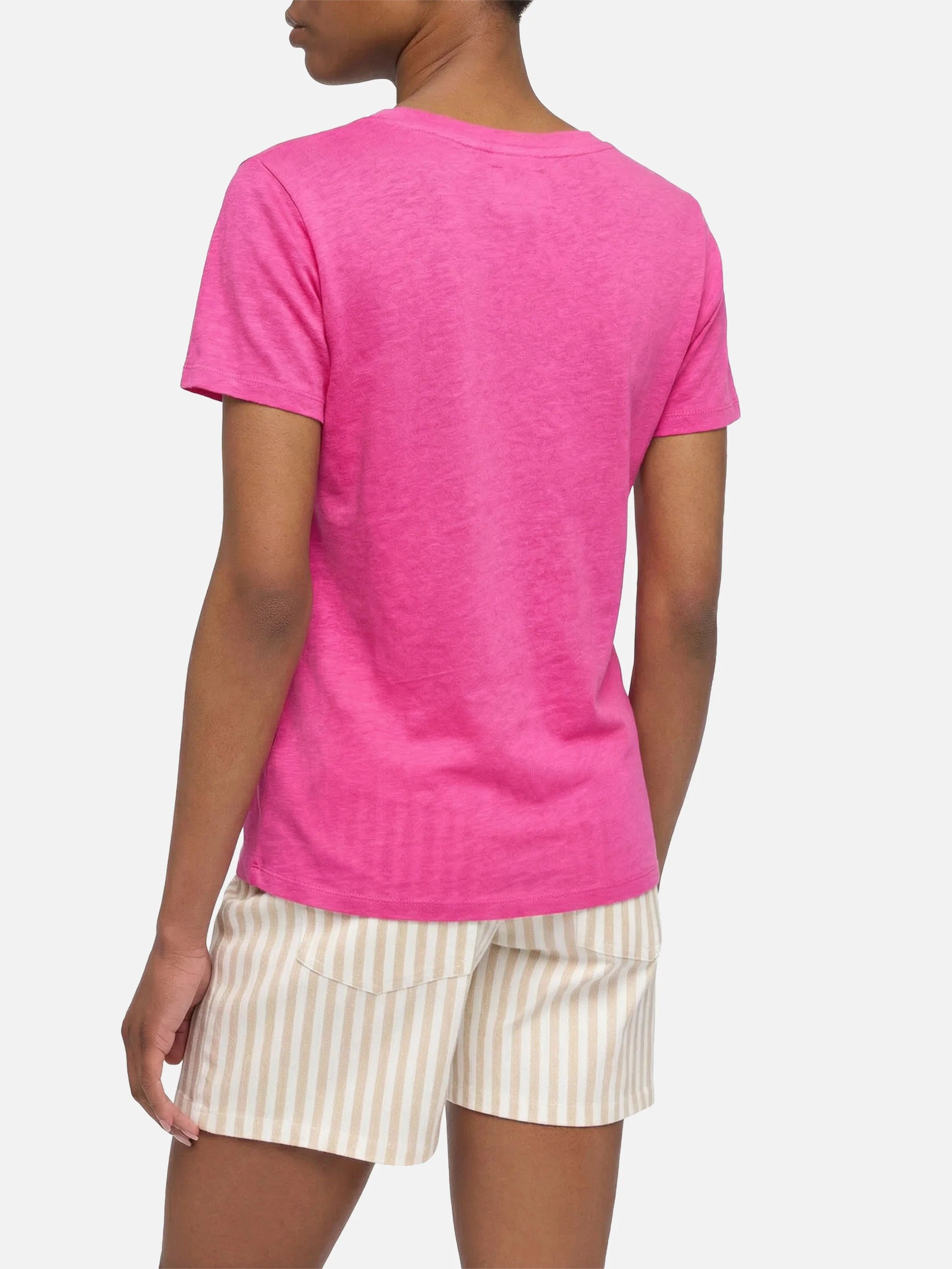 Eloise t-shirt scollo a V in jersey di lino rosa fluo - Image 2