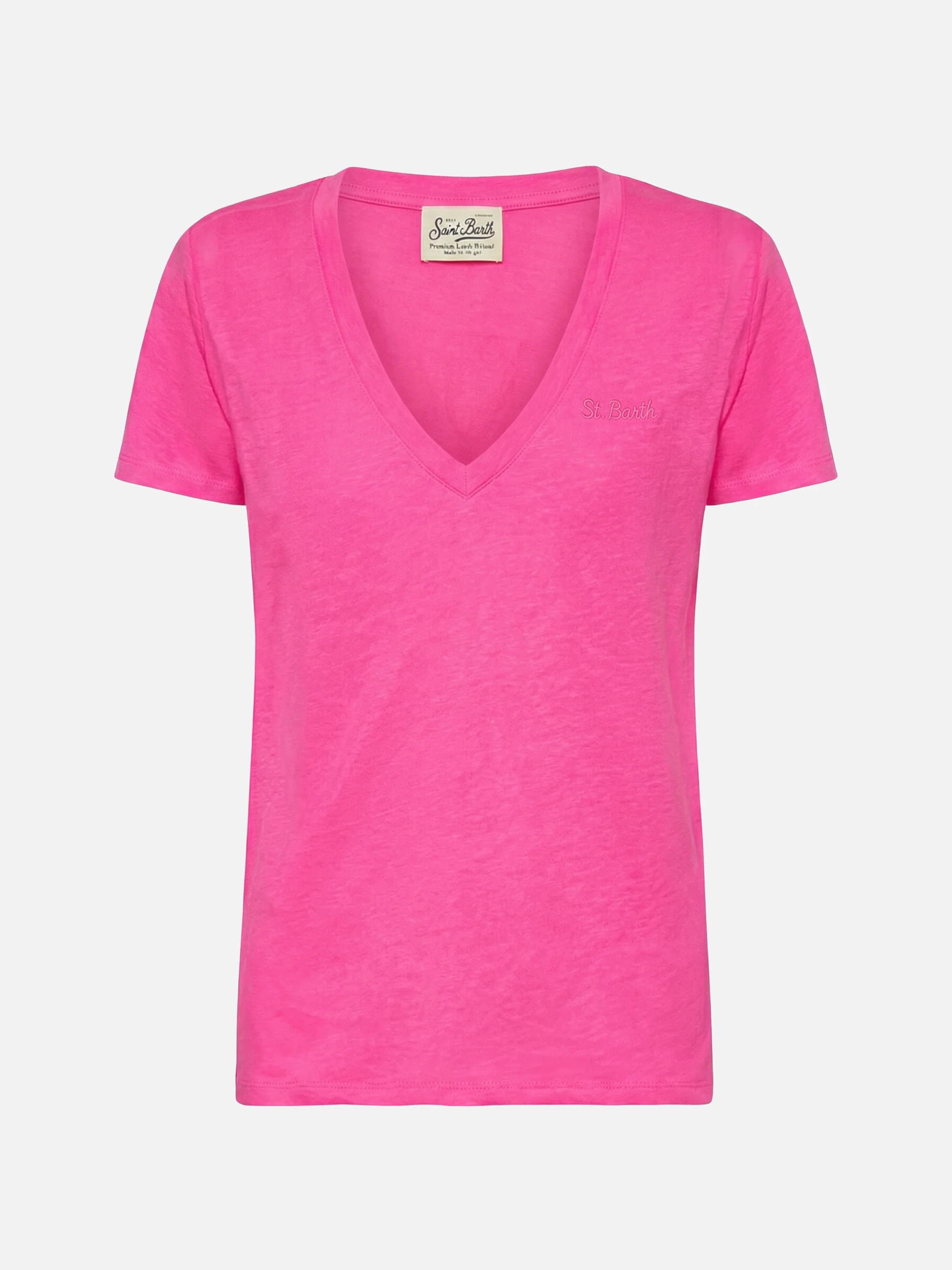 Eloise t-shirt scollo a V in jersey di lino rosa fluo - Image 3