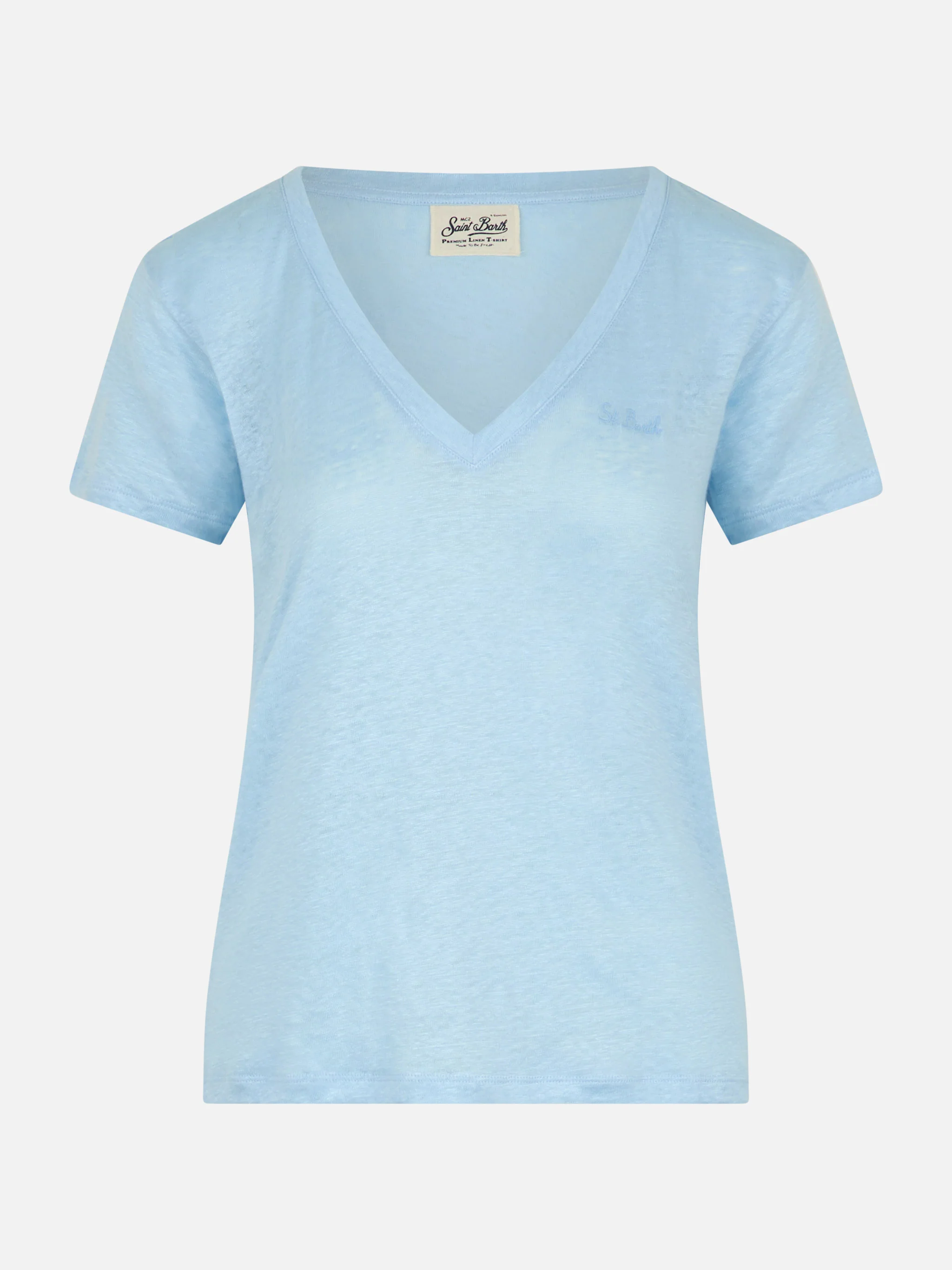 T-shirt scollo a V azzurro Eloise in jersey di lino - Image 4