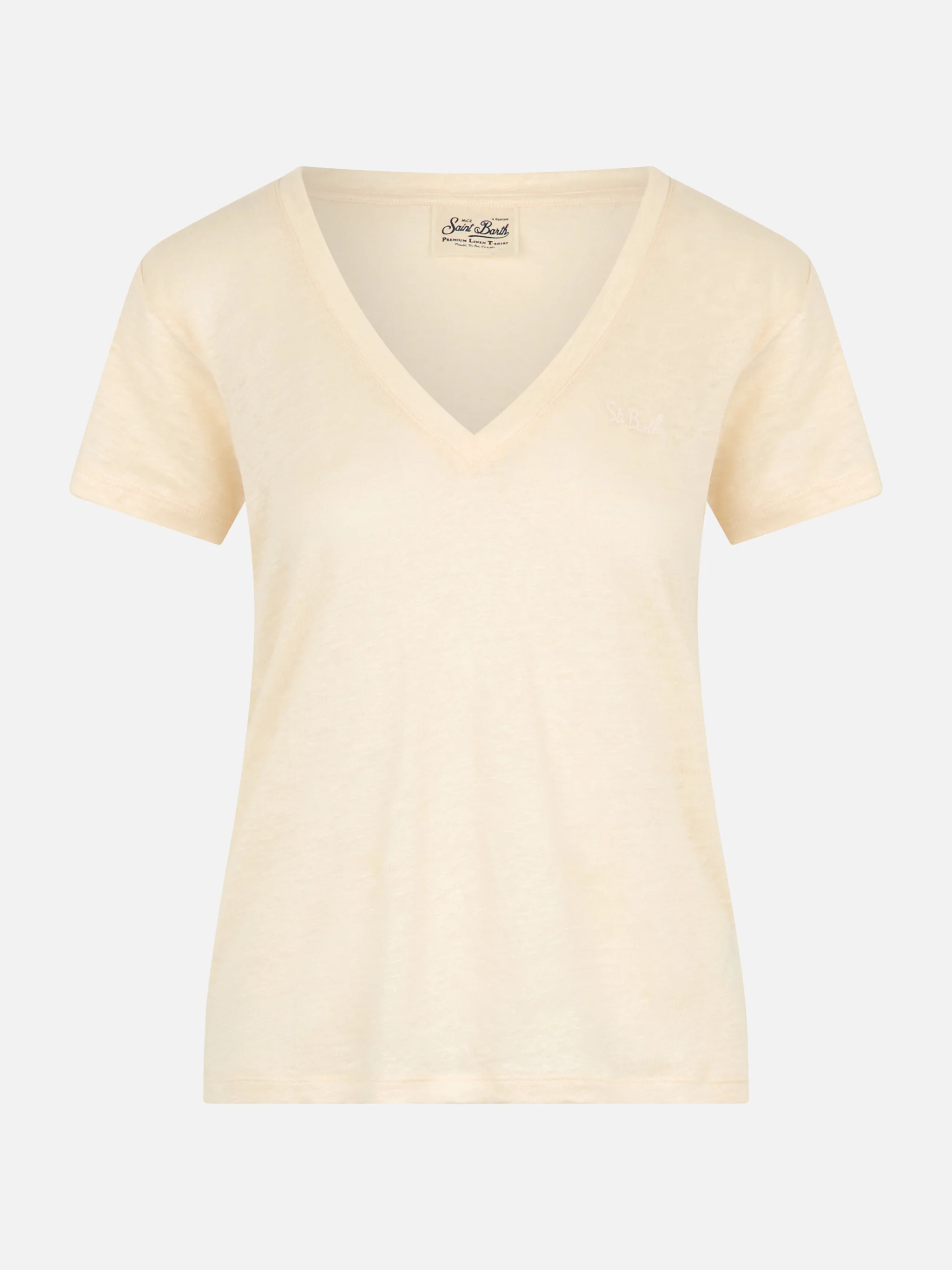 T-shirt scollo a V color bianco sporco Eloise in jersey di lino - Image 4