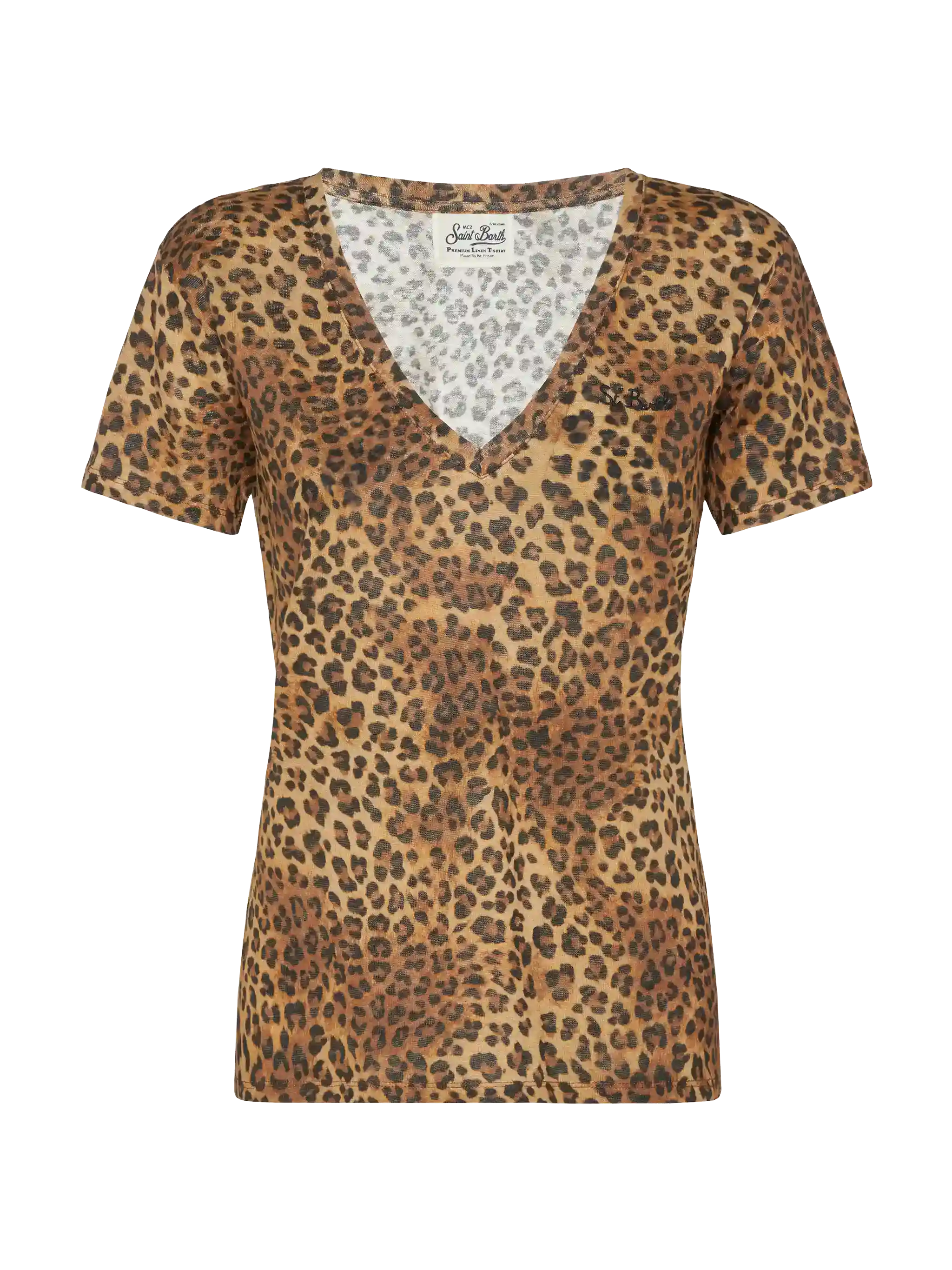 Eloise t-shirt scollo a V in jersey di lino con stampa animalier - Image 3