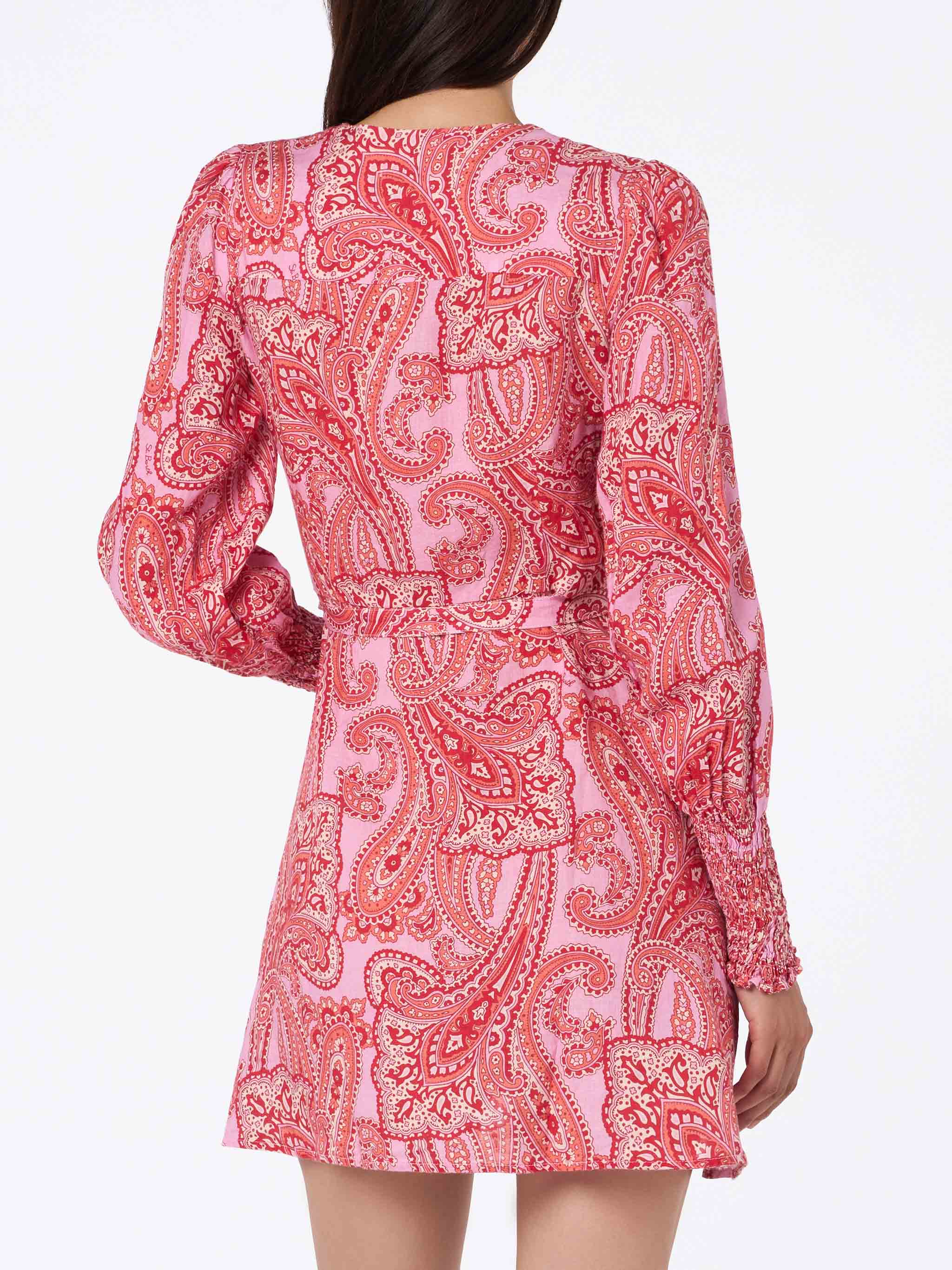 Abito corto avvolgente in lino Brilly con stampa paisley - Image 3
