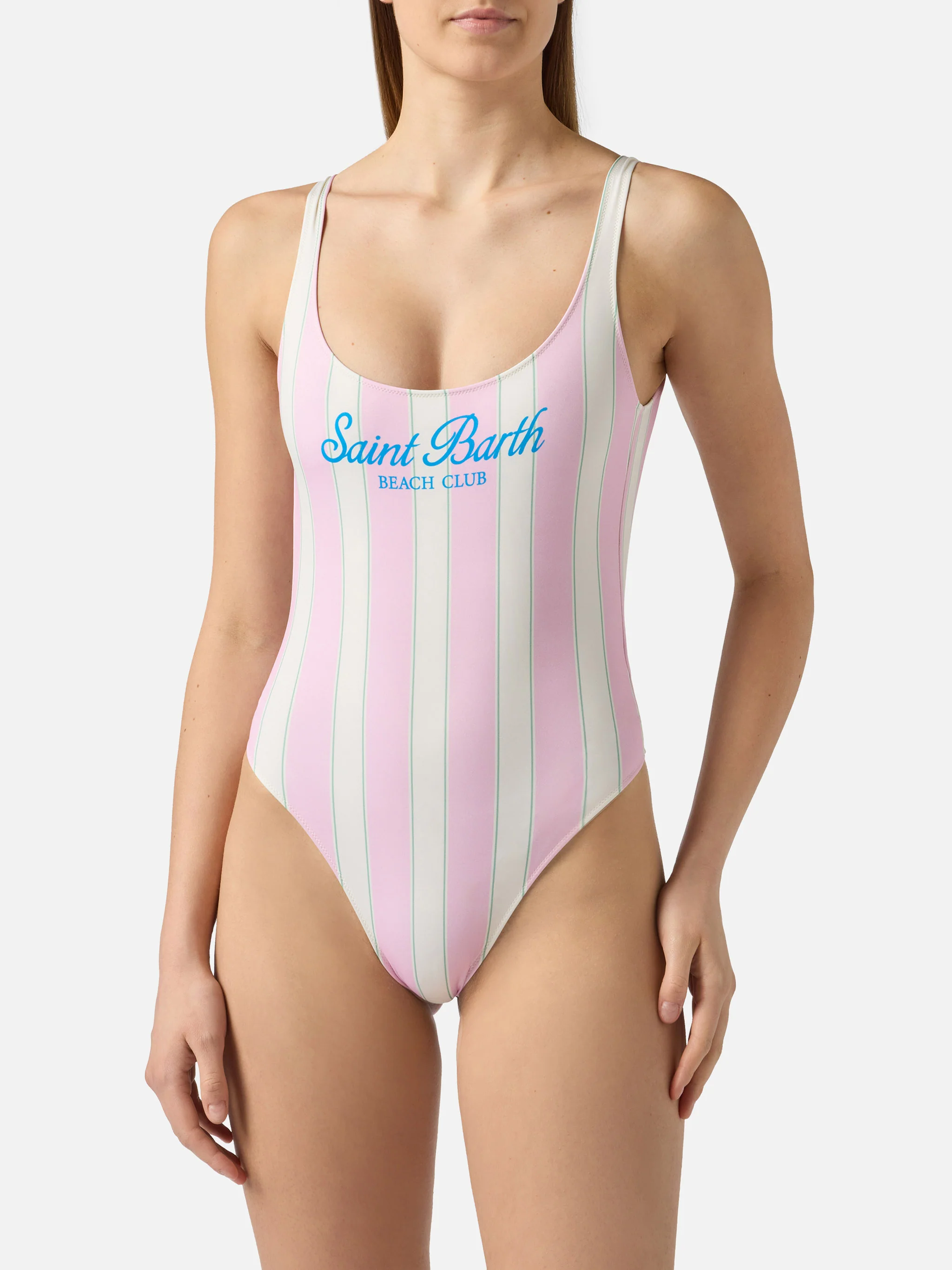 Costume intero Lora a righe rosa e panna con stampa Beach Club - Image 2