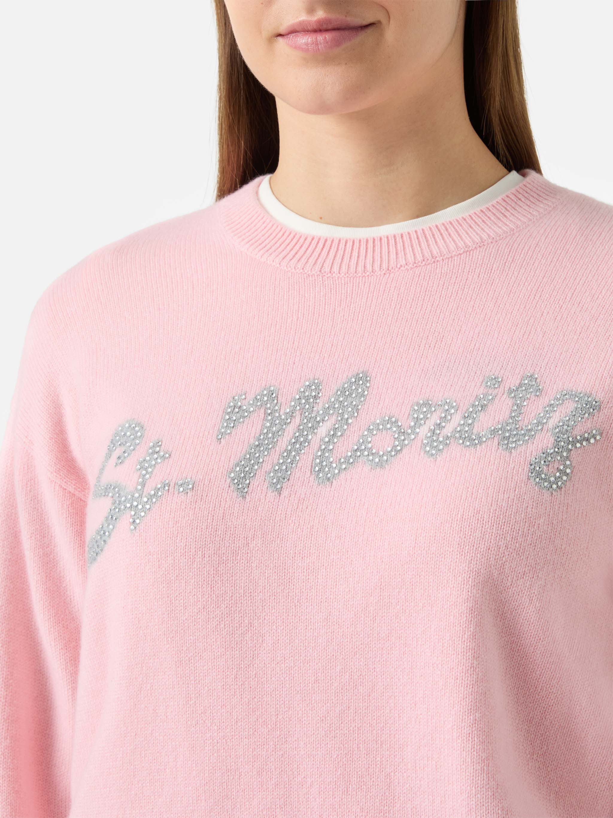 Maglione Louise in cashmere rosa con applicazione St. Moritz in strass - Image 2