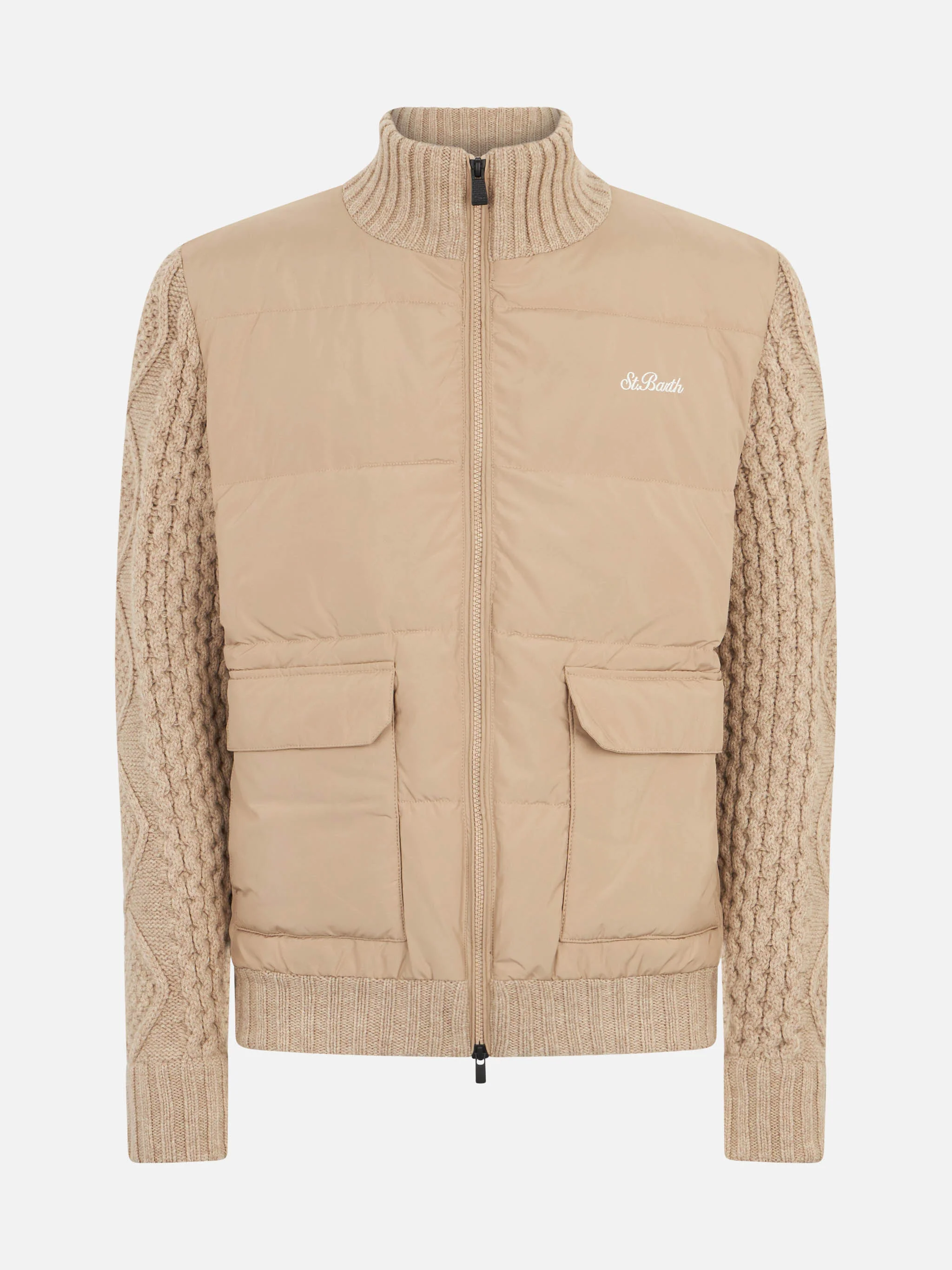 Giacca Whistler trapuntata beige con maniche in maglia intrecciata - Image 4