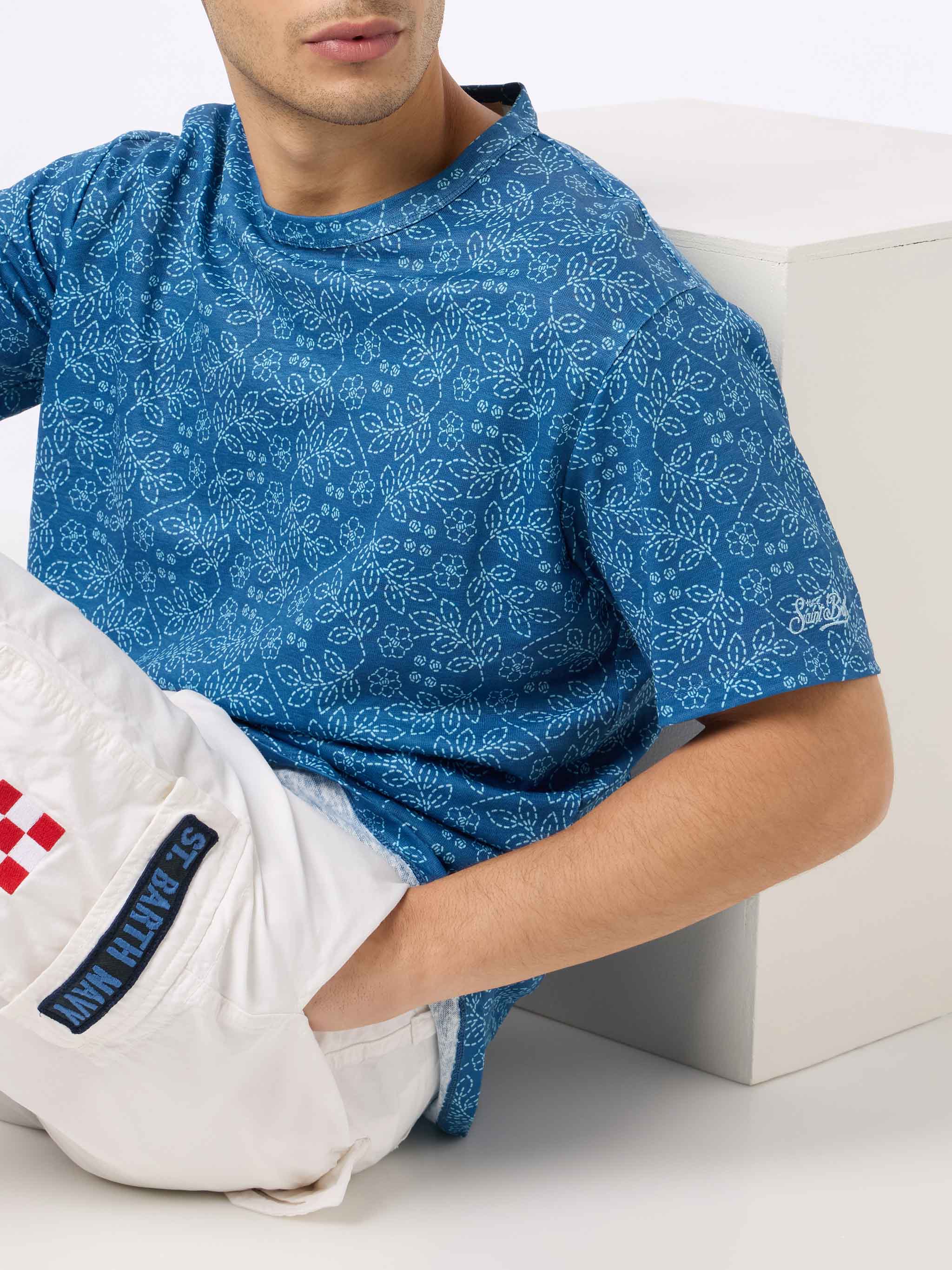 T-shirt Ecstasea in lino jersey con fantasia sashiko blu - Image 2