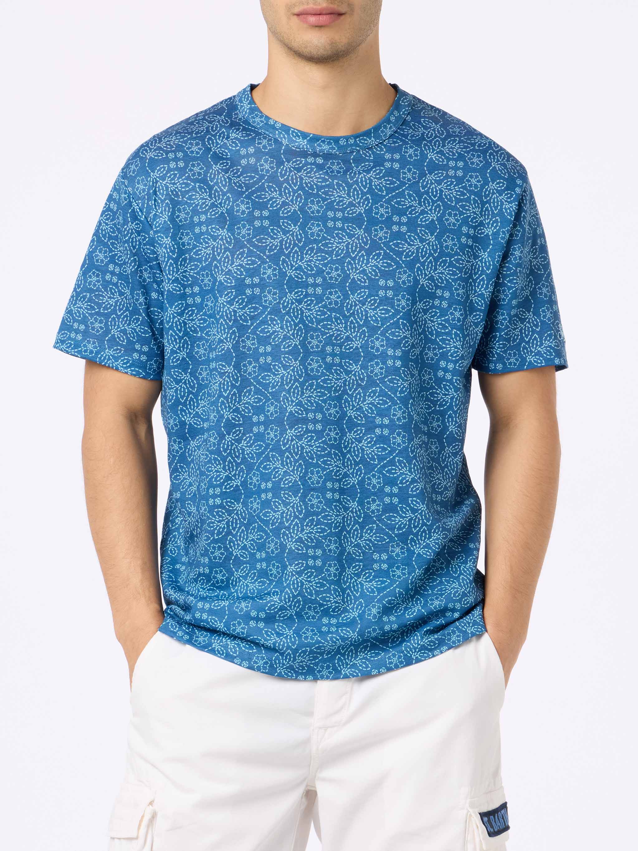 T-shirt Ecstasea in lino jersey con fantasia sashiko blu - Image 3