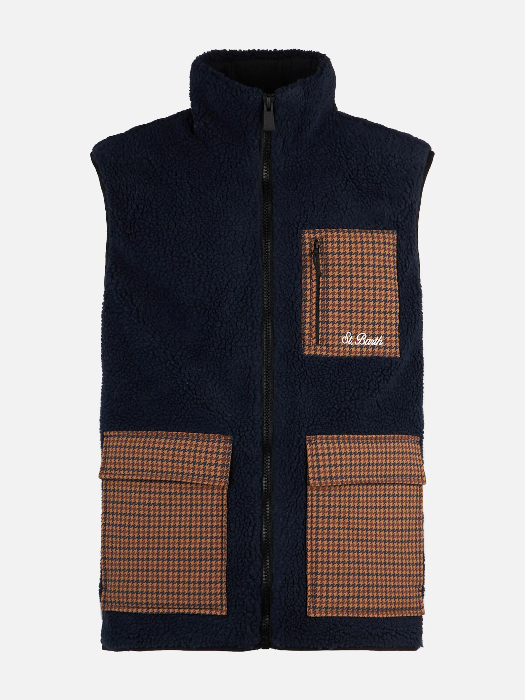 Gilet Wanaka sherpa blu con tasche check - Image 4