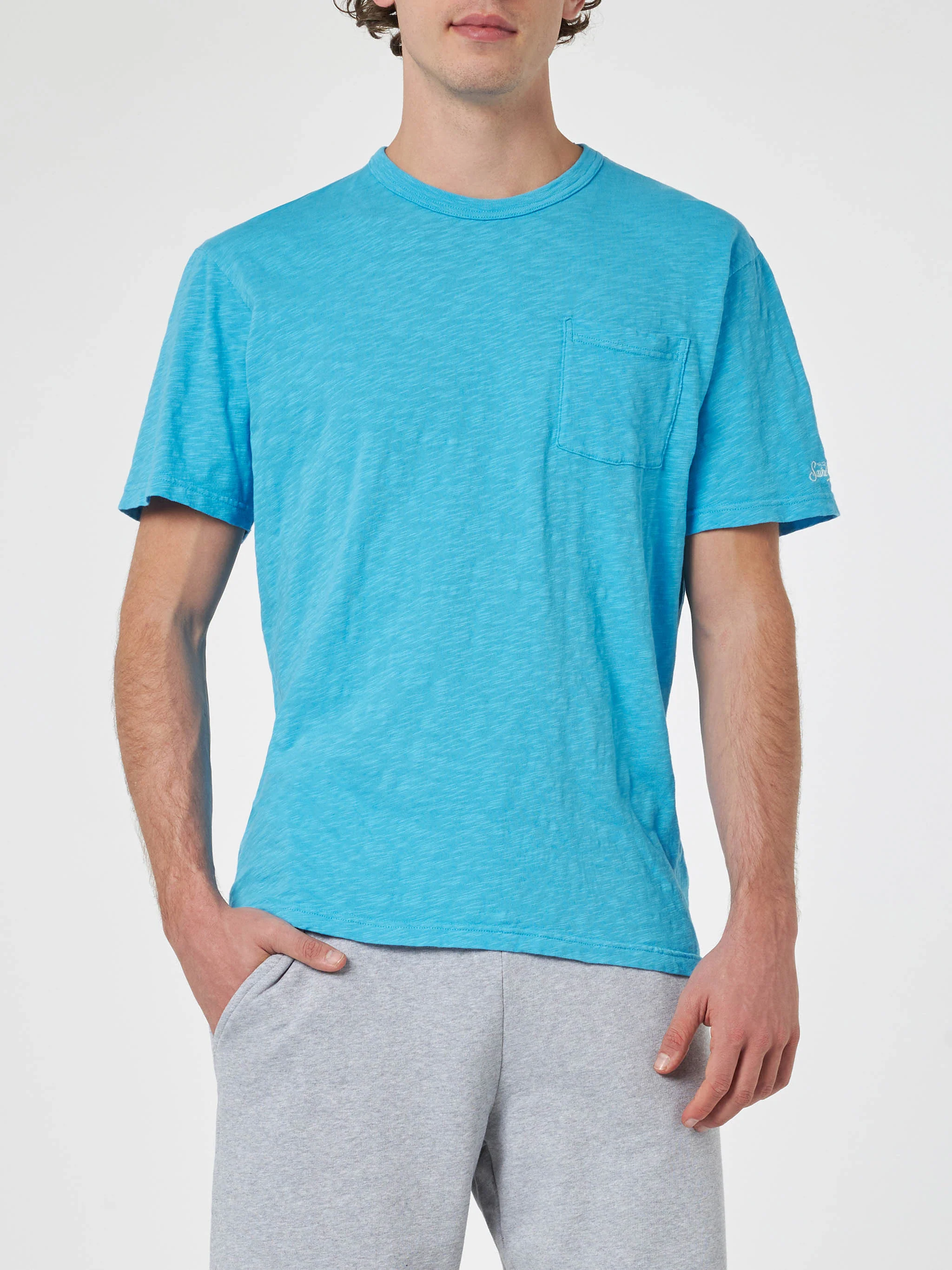T-shirt President in cotone fiammato bluette con ricamo - Image 2