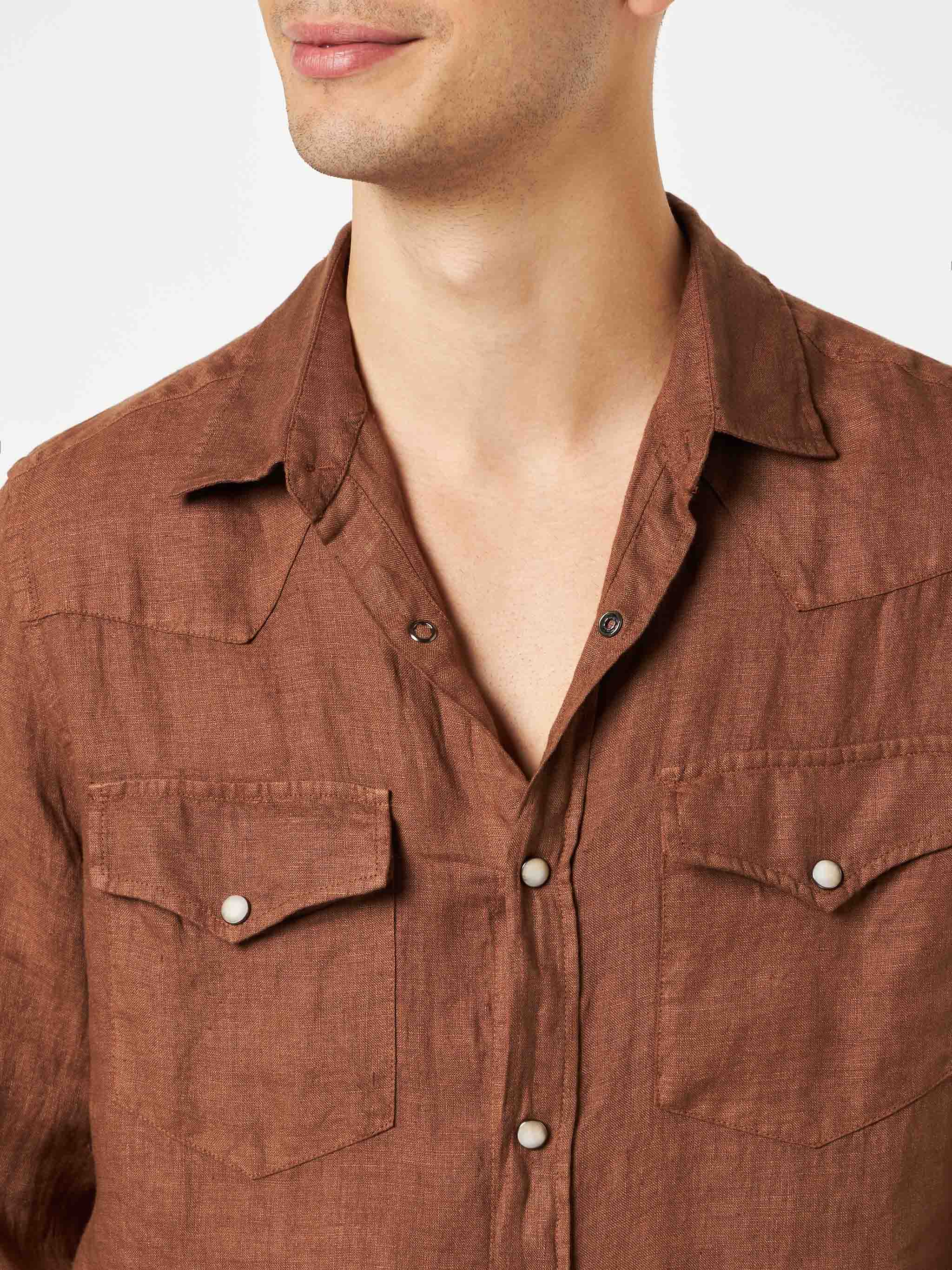 Camicia Greg in lino marrone tinta unita - Image 3