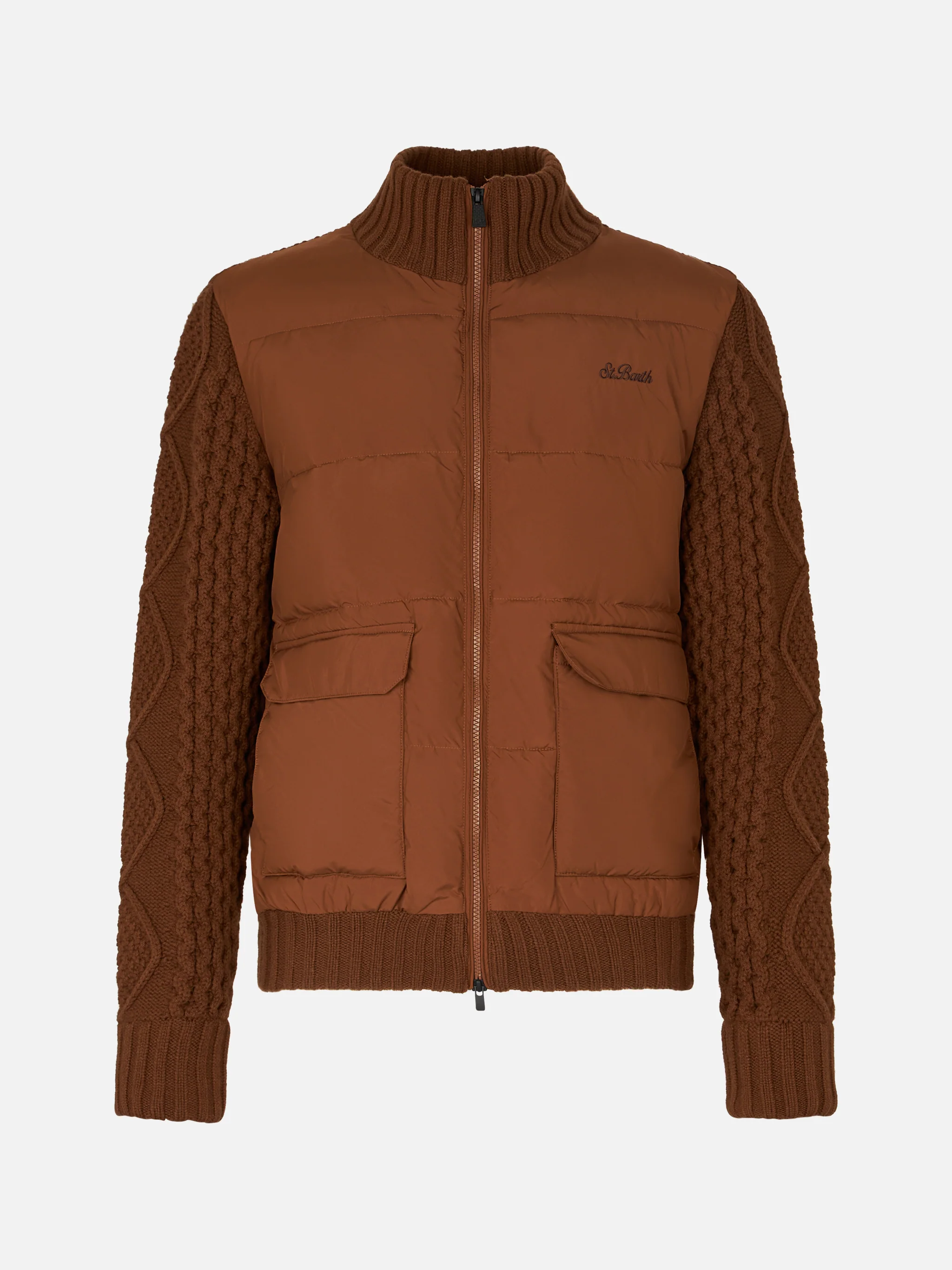Giacca Whistler trapuntata marrone con maniche in maglia - Image 4