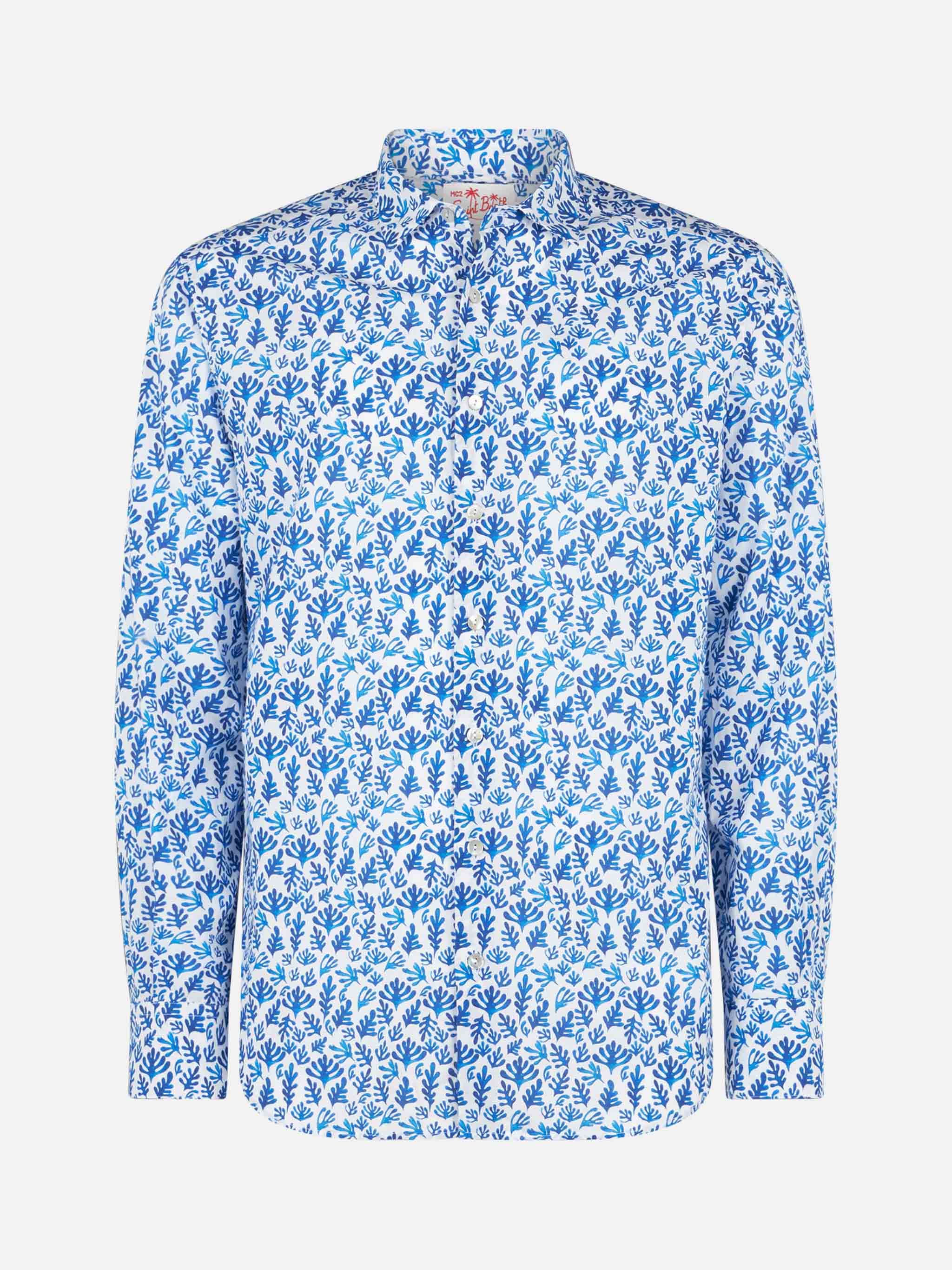 Camicia Sikelia in cotone mussola stampa foglie blu - Image 4