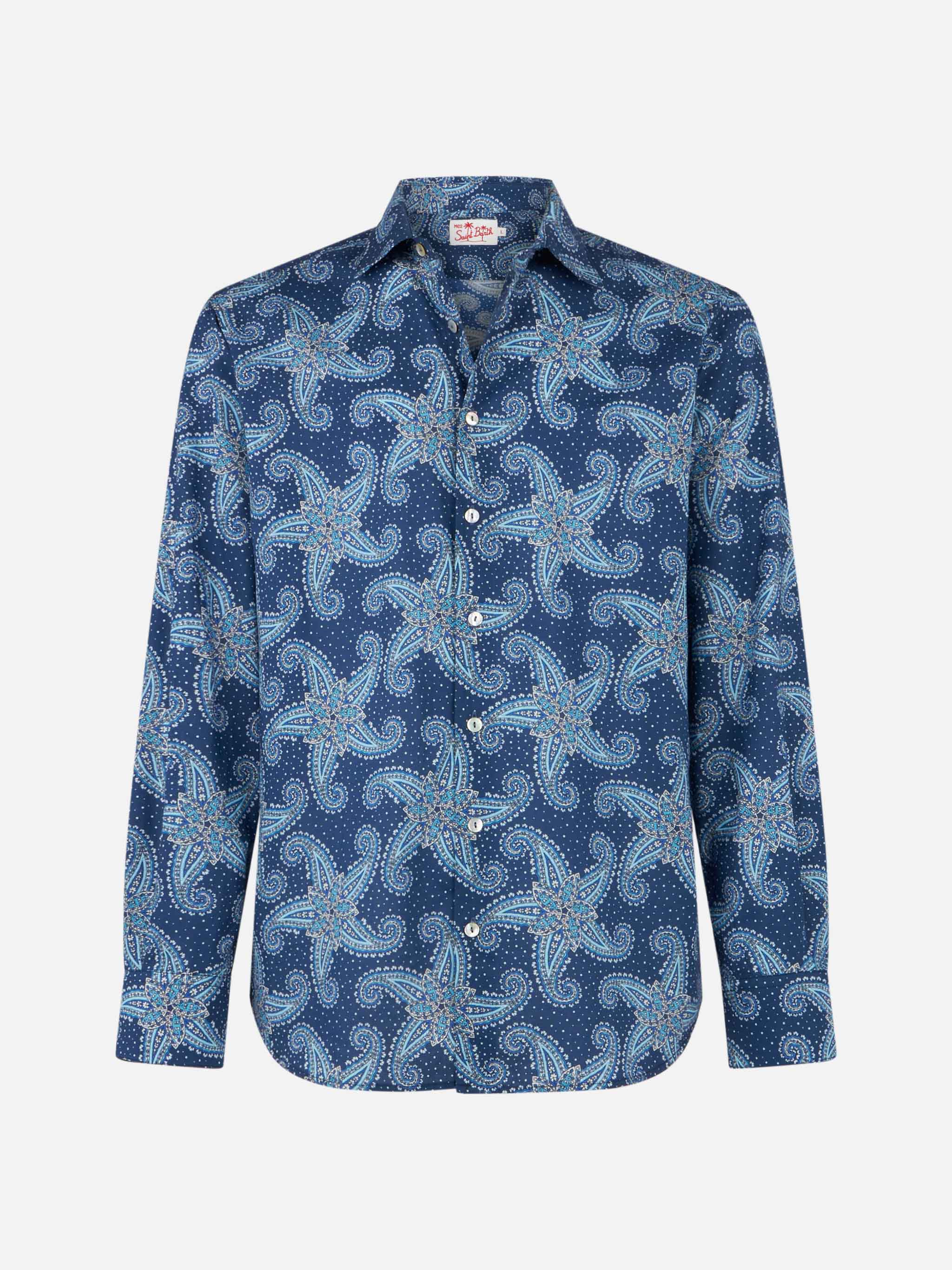 Camicia Sikelia in cotone mussola stampa paisley blu - Image 4