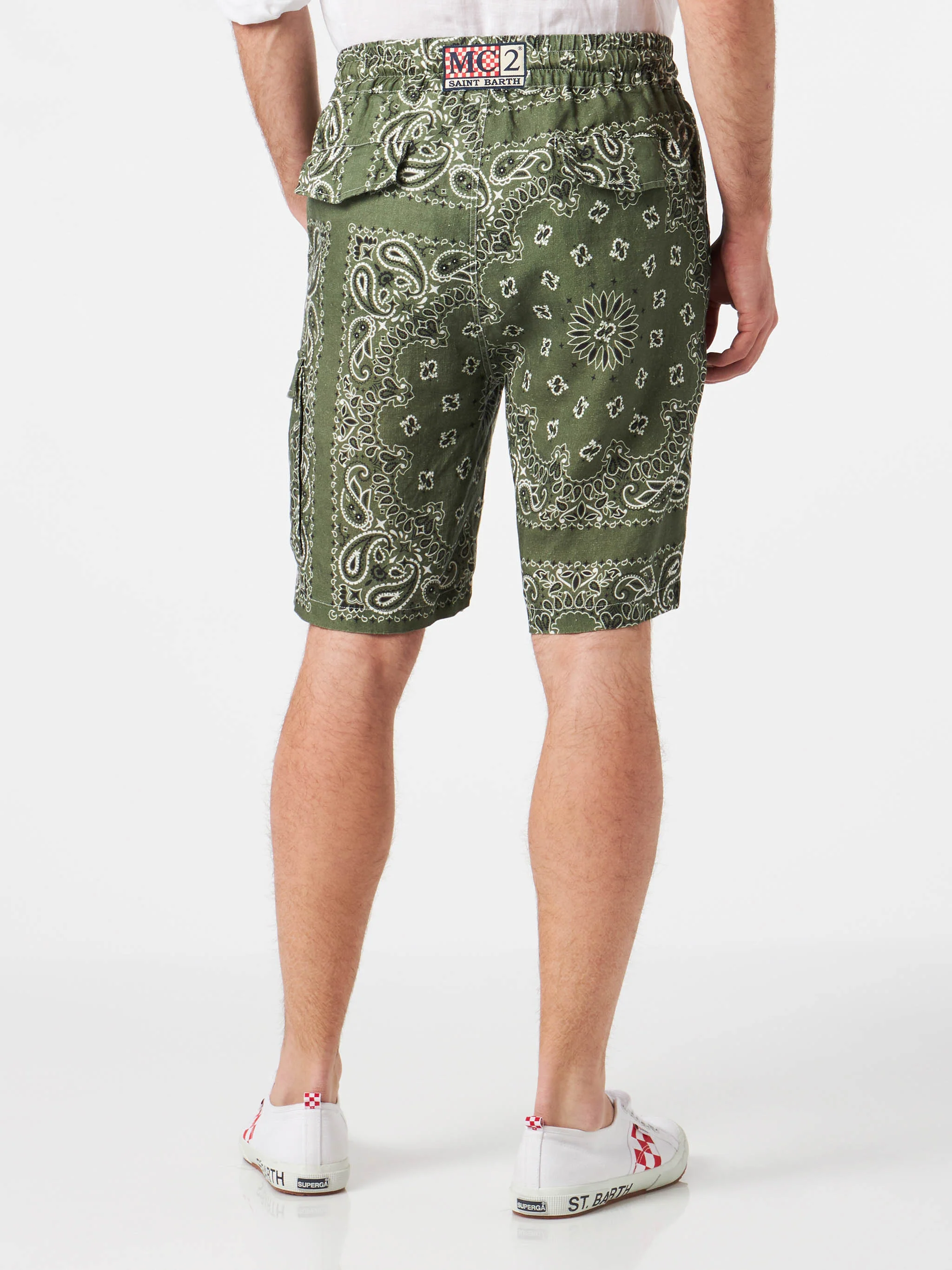 Bermuda Marseille in lino stampa bandana verde militare - Image 2