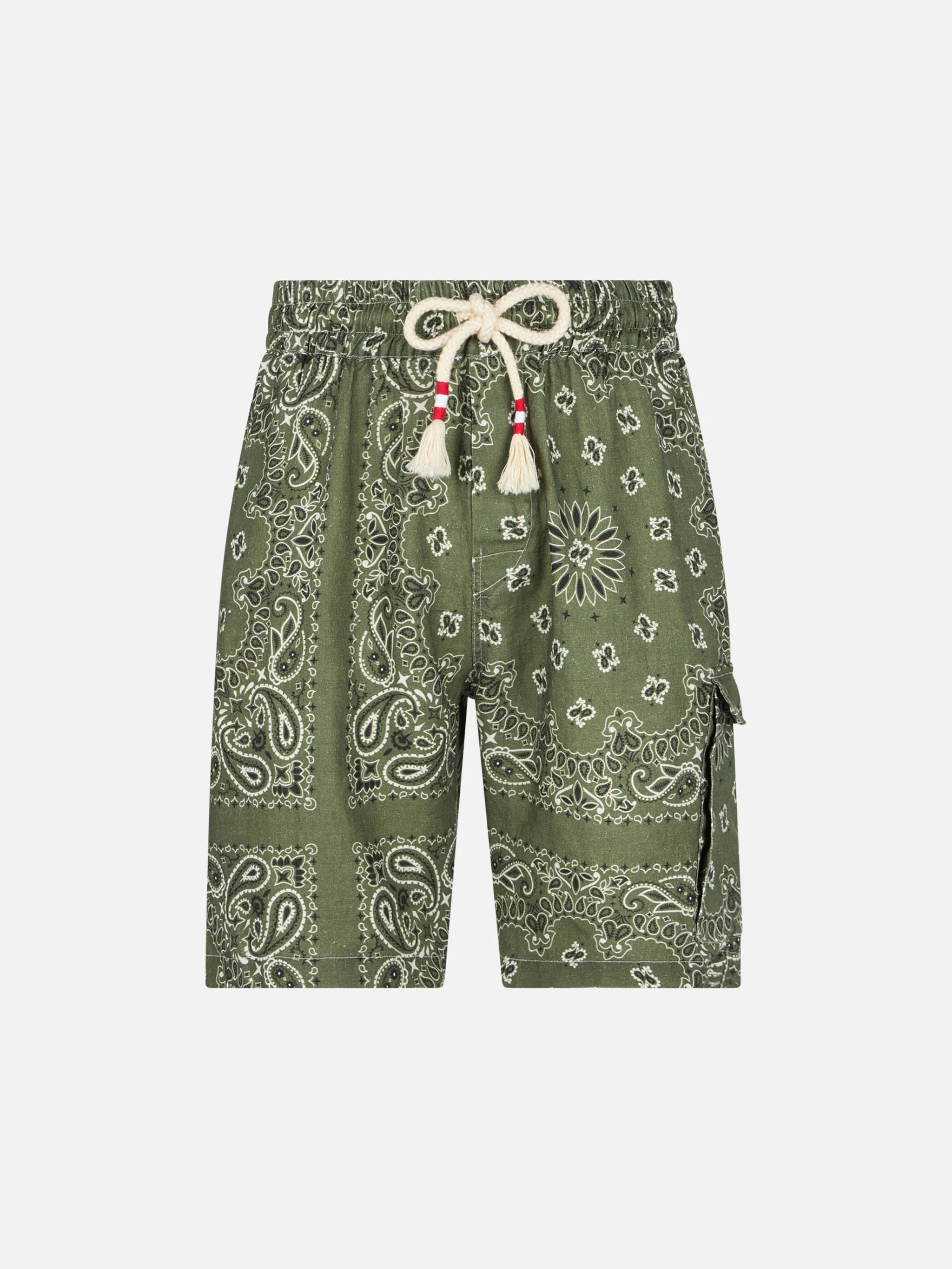 Bermuda Marseille in lino stampa bandana verde militare - Image 4