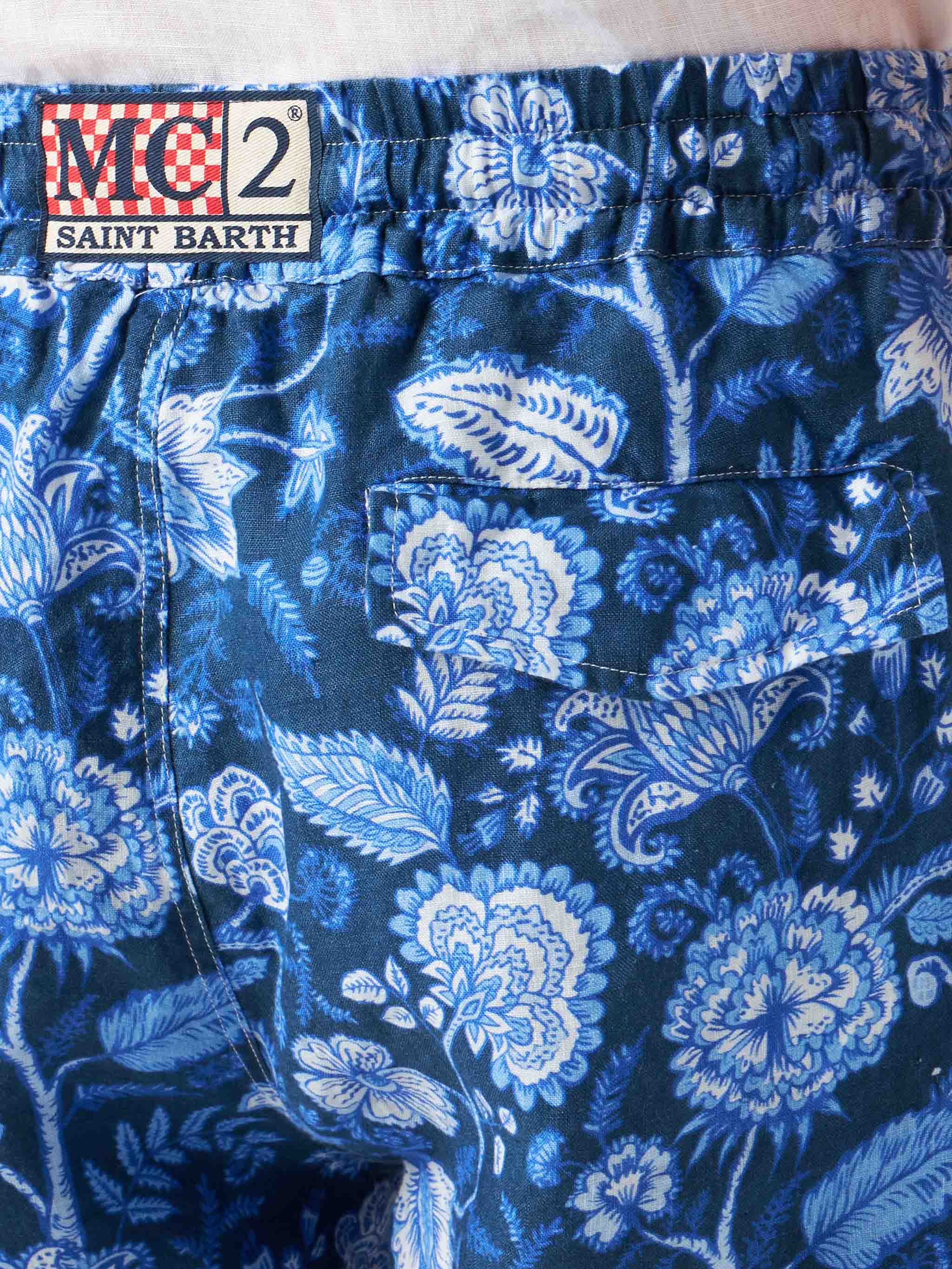 Bermuda Marseille in lino stampa floreale blu - Image 3