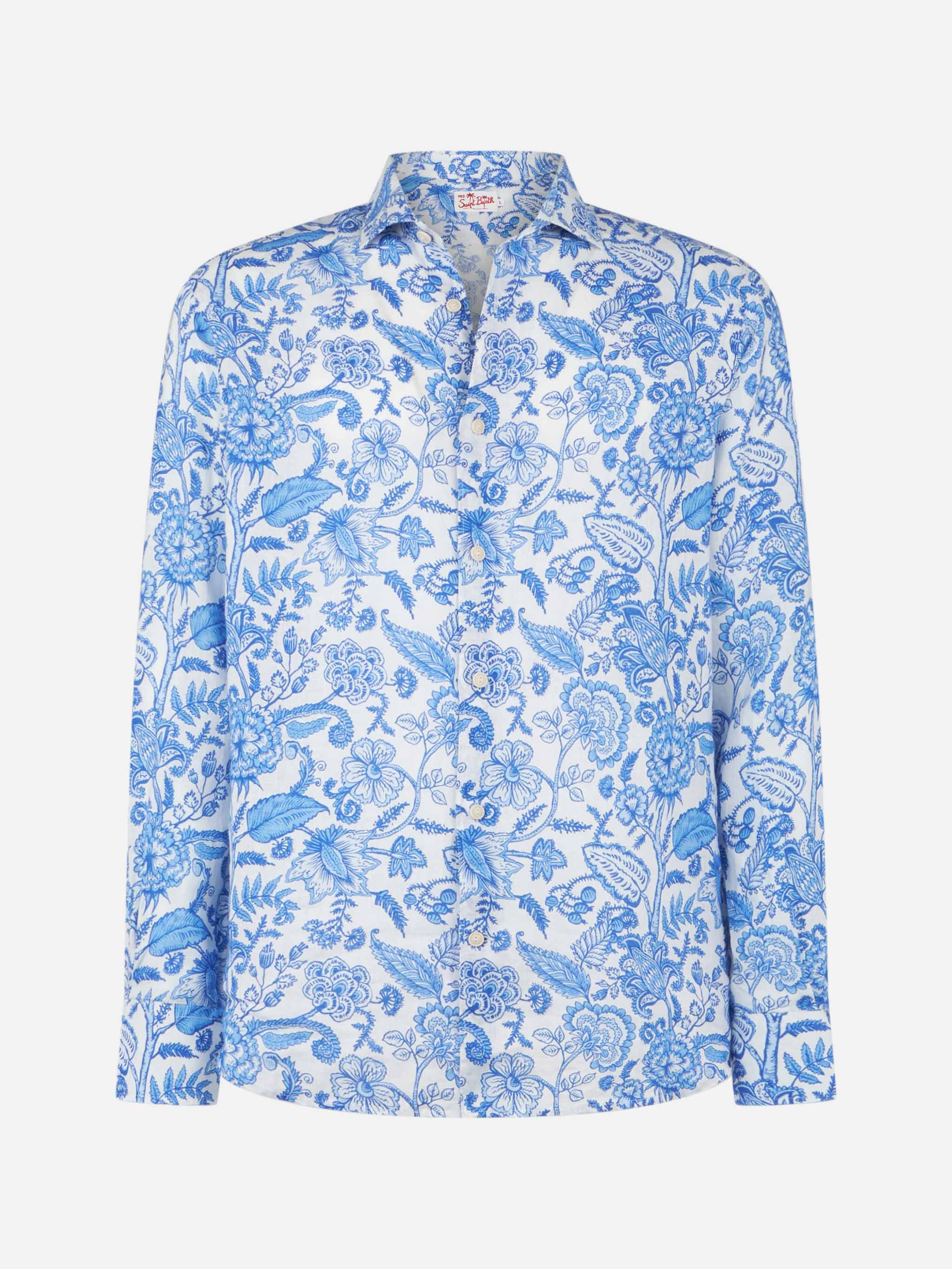 Camicia Pamplona in lino stampa floreale blu - Image 4