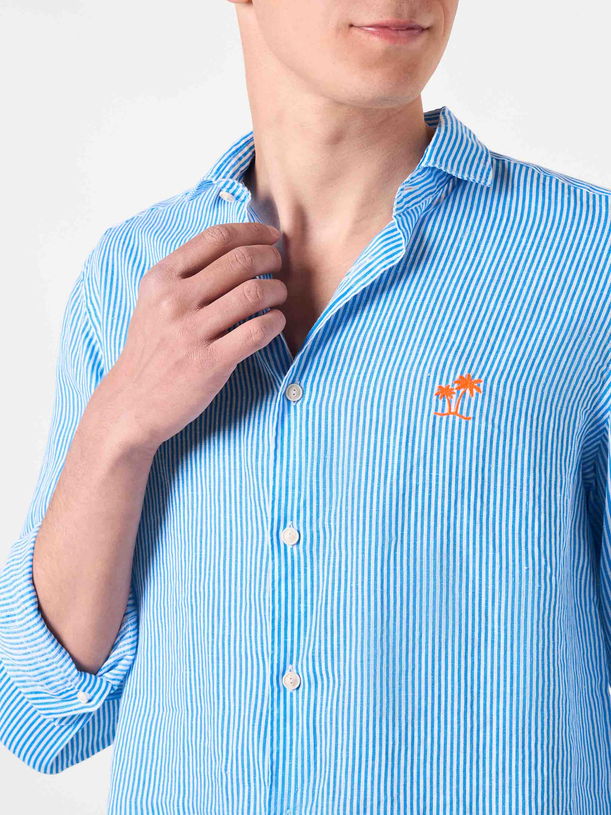 Camicia Pamplona in lino a righe bianco e bluette fluo - Image 2