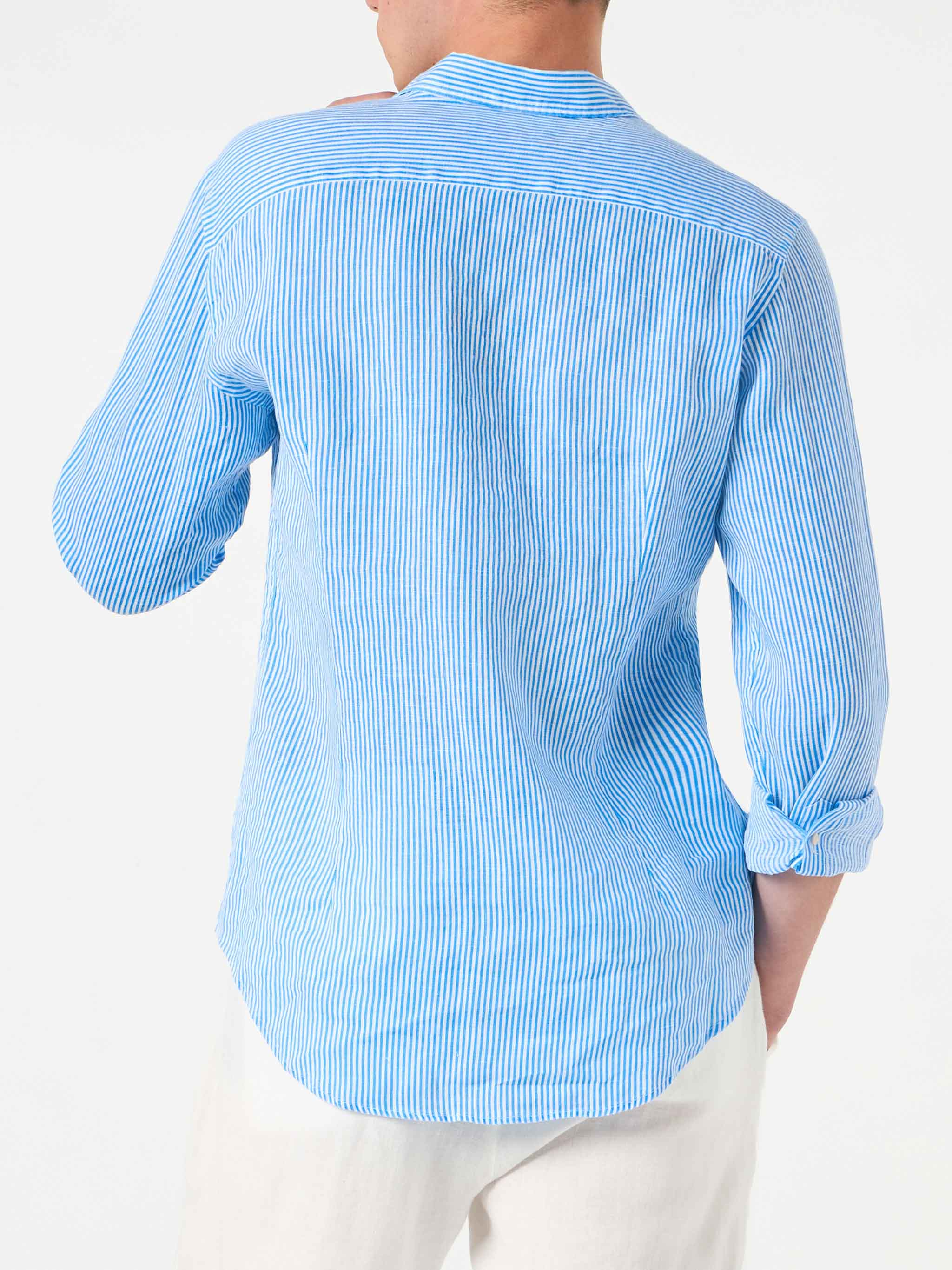 Camicia Pamplona in lino a righe bianco e bluette fluo - Image 3