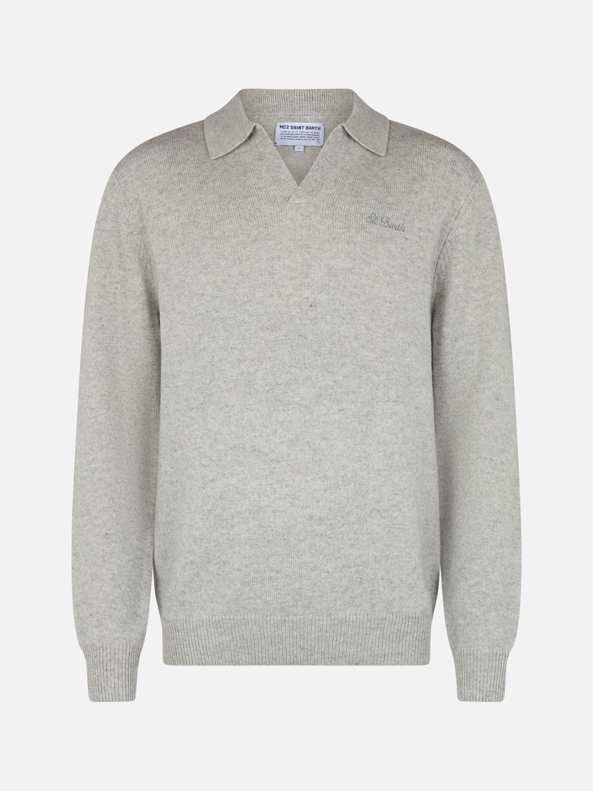 Maglia Covent in misto cashmere grigio mélange con colletto polo - Image 4