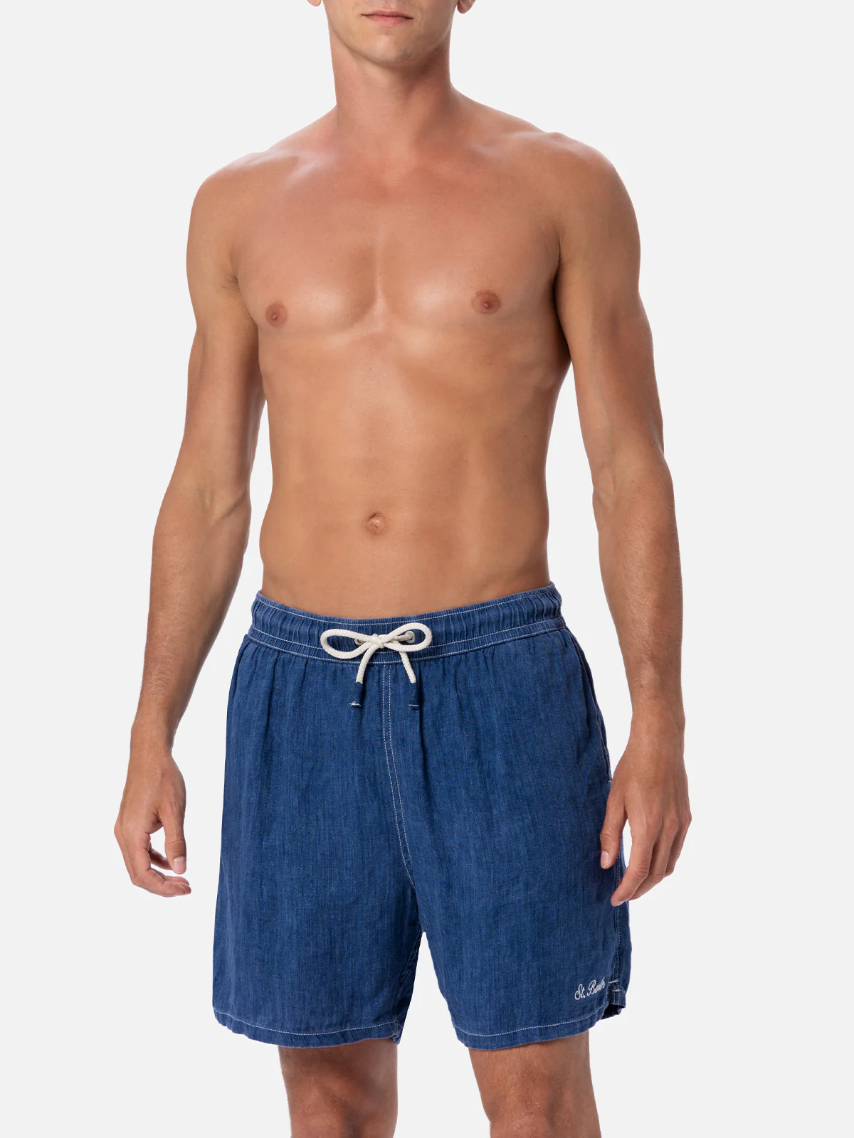 Costume Gustavia in lino blu denim tinta unita - Image 3