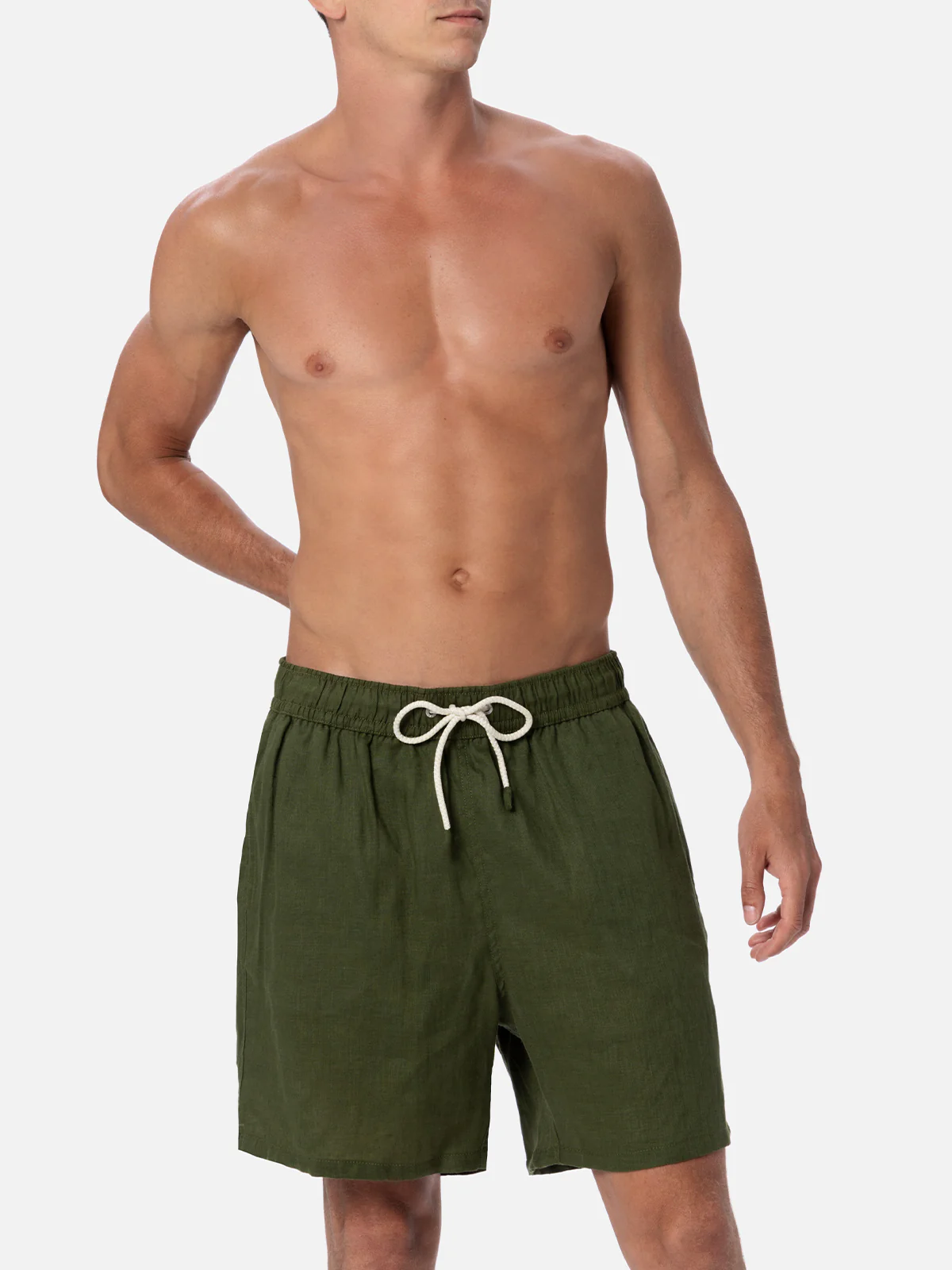 Costume mare Gustavia in lino verde militare tinta unita - Image 3