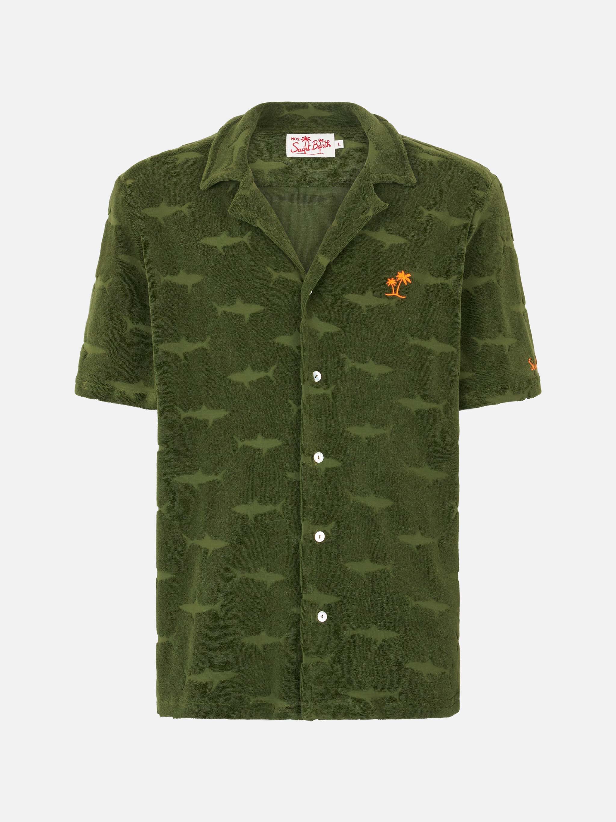 Camicia Riviera in spugna verde militare con motivo squali - Image 4