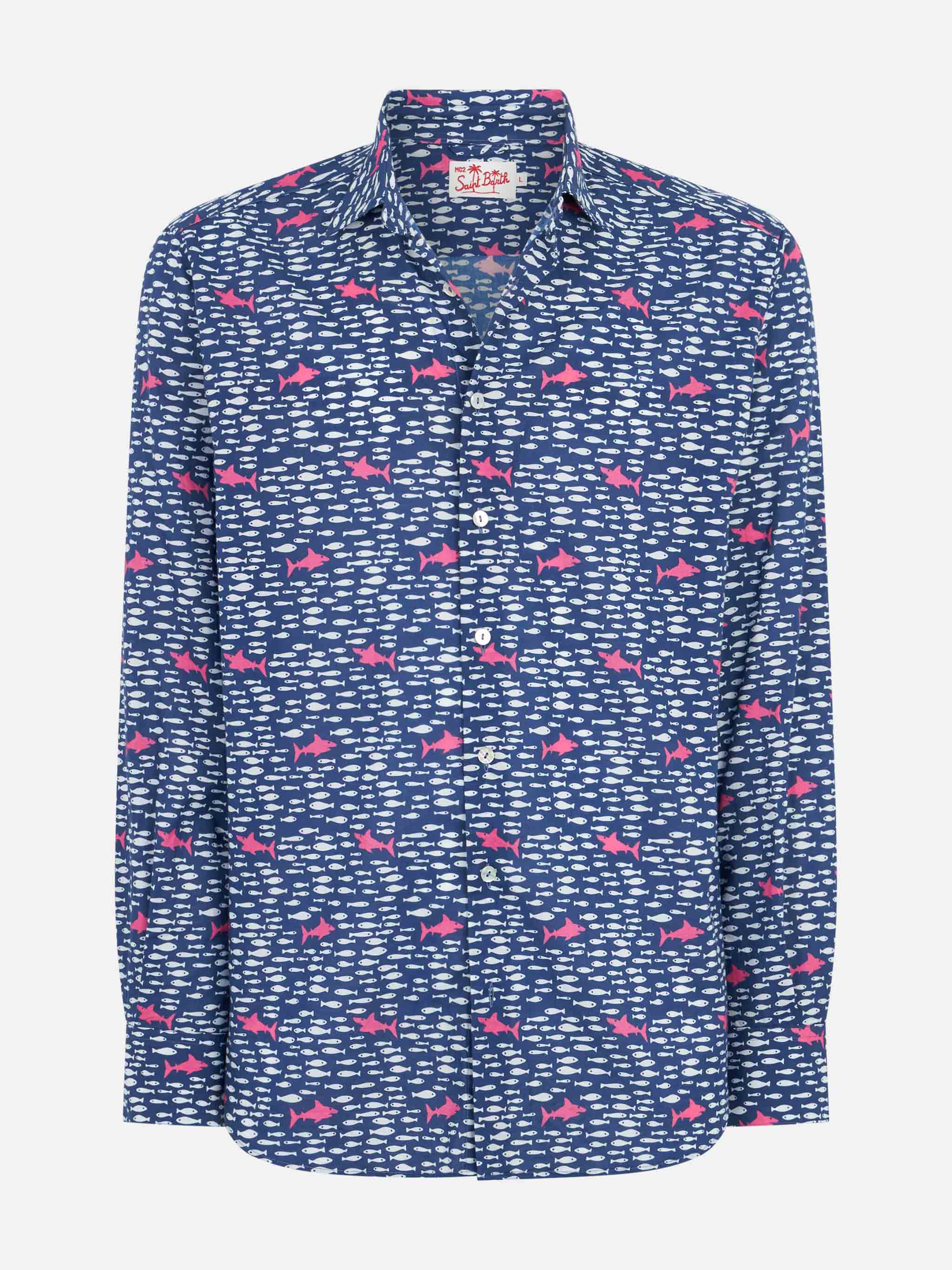 Camicia Sikelia in mussola di cotone con stampa pesci e squali - Image 4